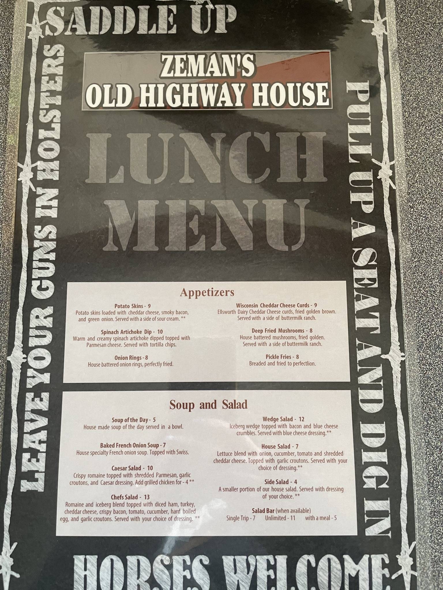 Menu at Zeman's Old Highway House restaurant, Baraboo