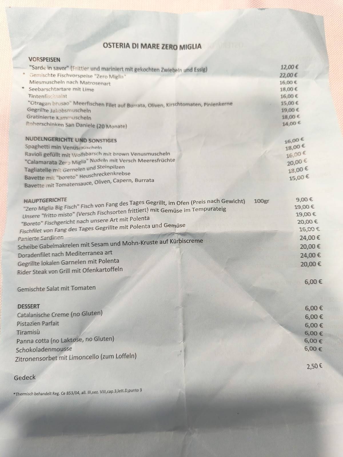 Menu di Zero Miglia 