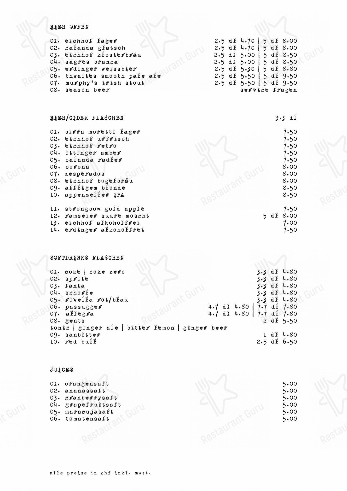Cheyenne dans Zürich - Dinner Menu