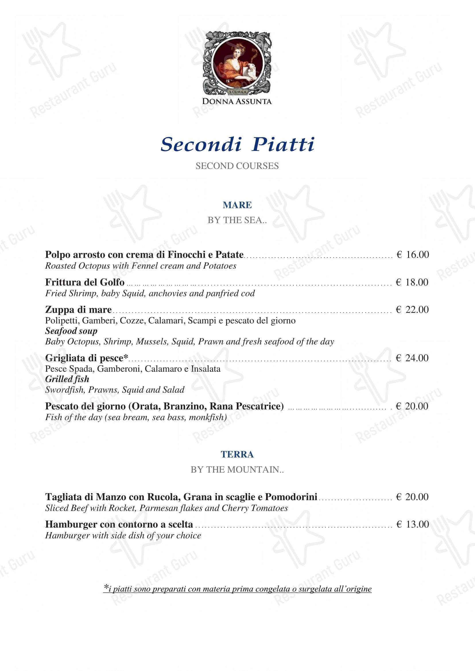 Menu per Donna Assunta 1954 ristorante