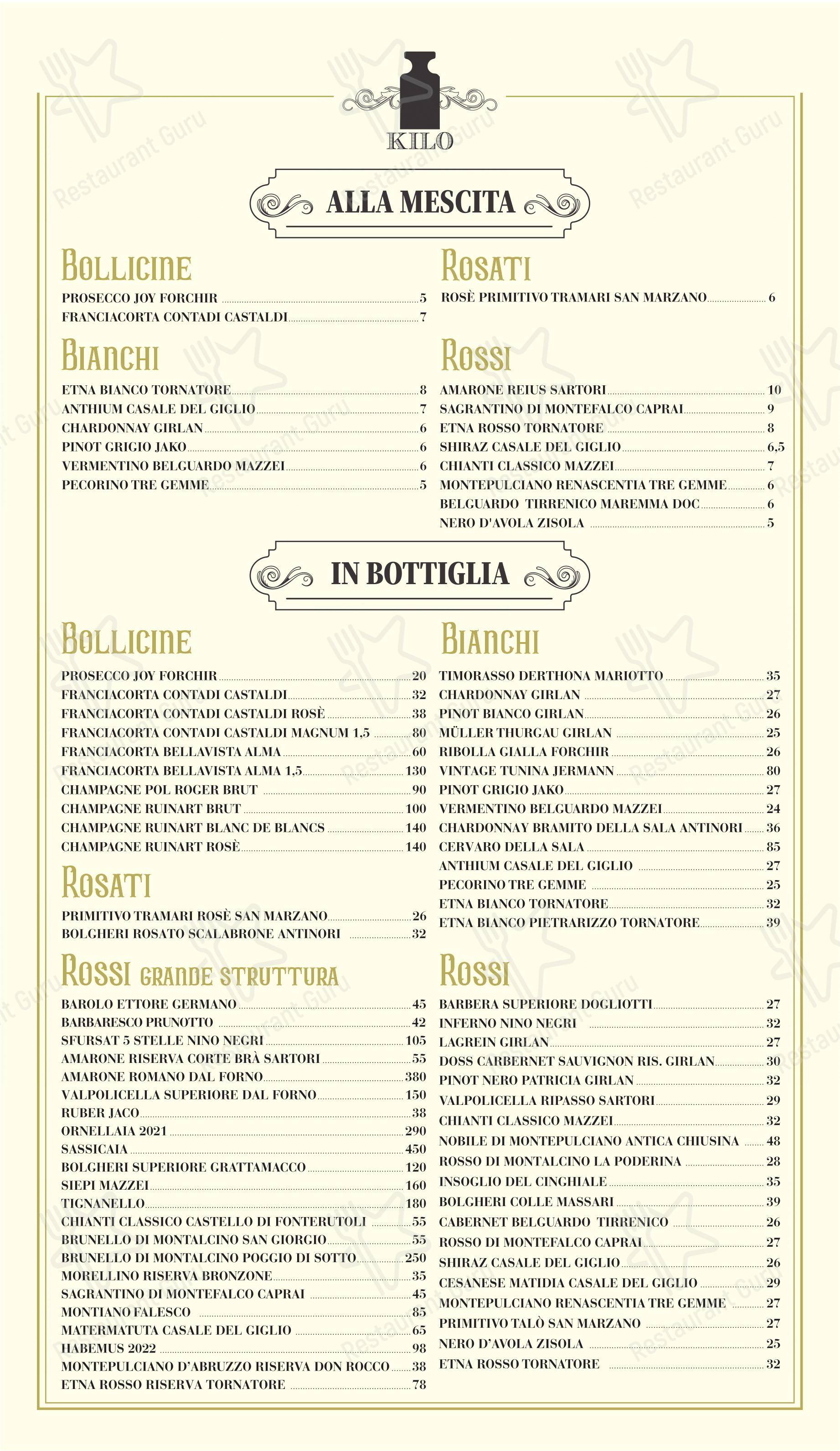 Menu bar pour Kilo Restaurant dans Rome