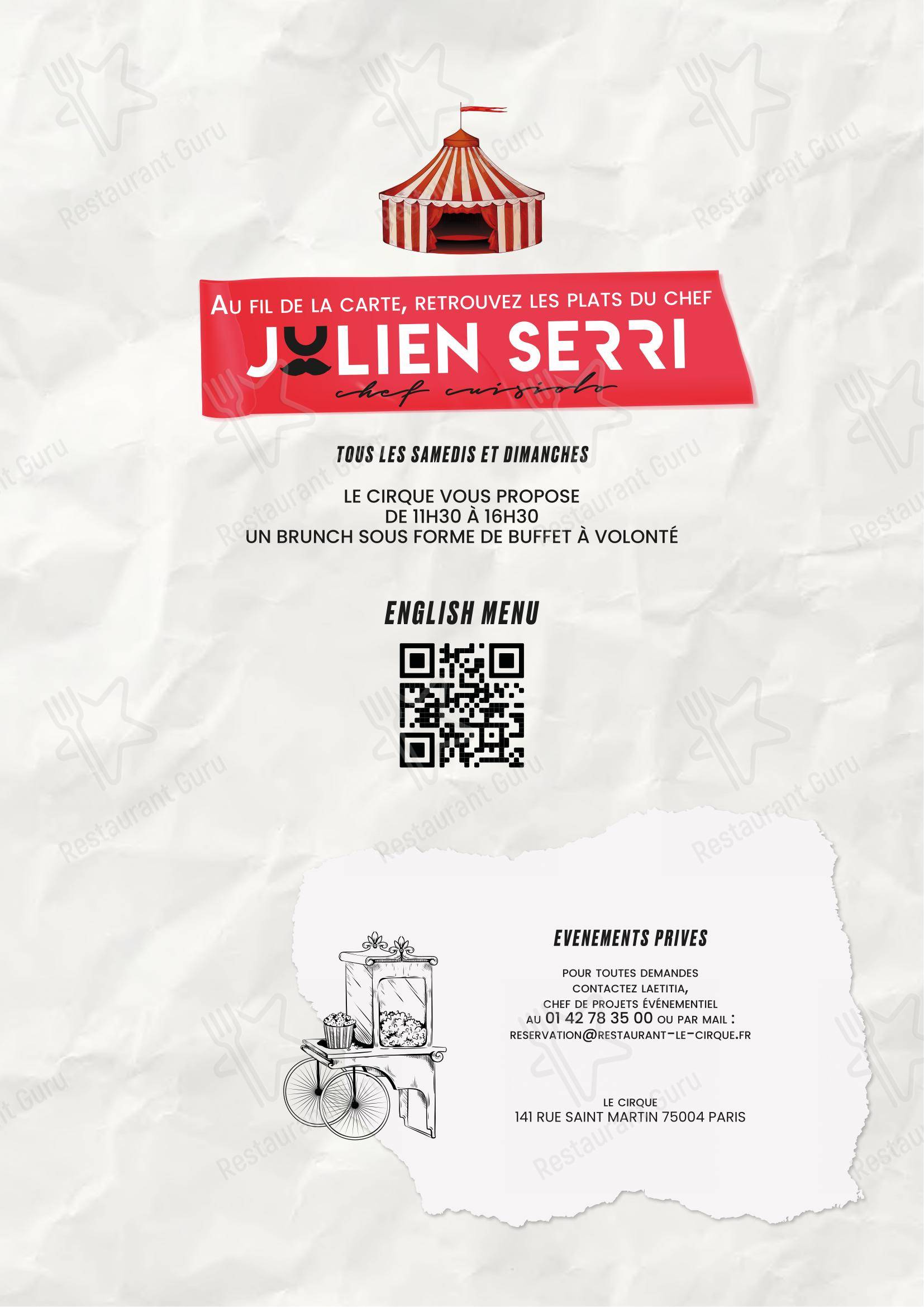 Menu pour Le Cirque - Beaubourg - Menu