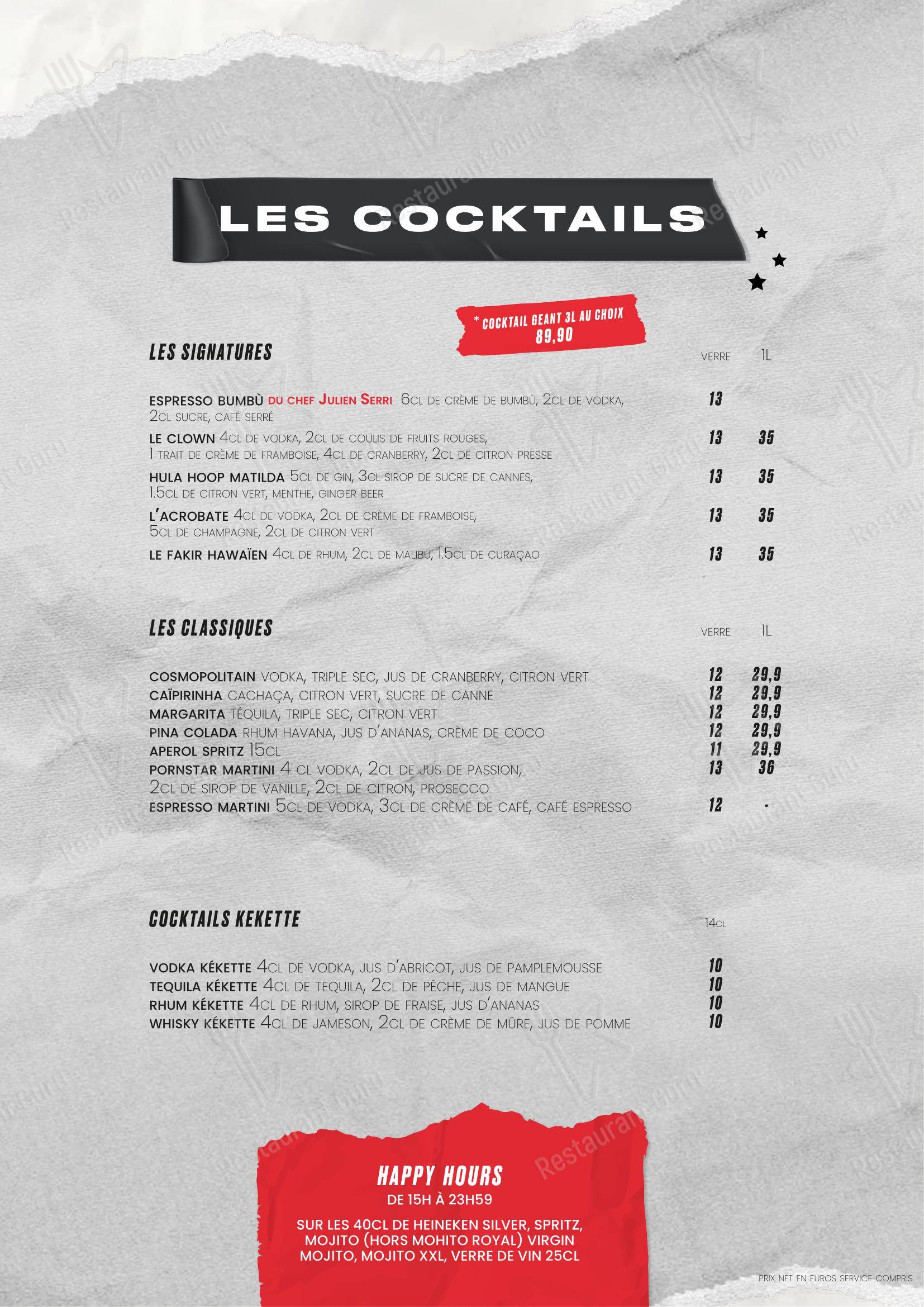 Menu pour Le Cirque - Beaubourg restaurant