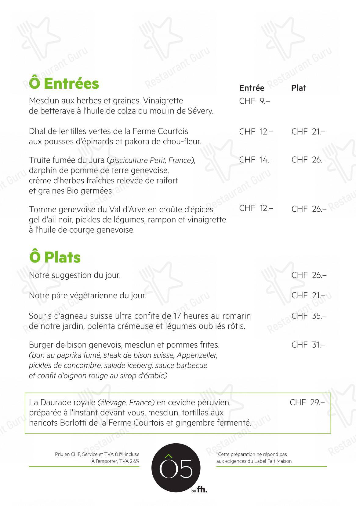 Menu bar per Ô5 caffè bar