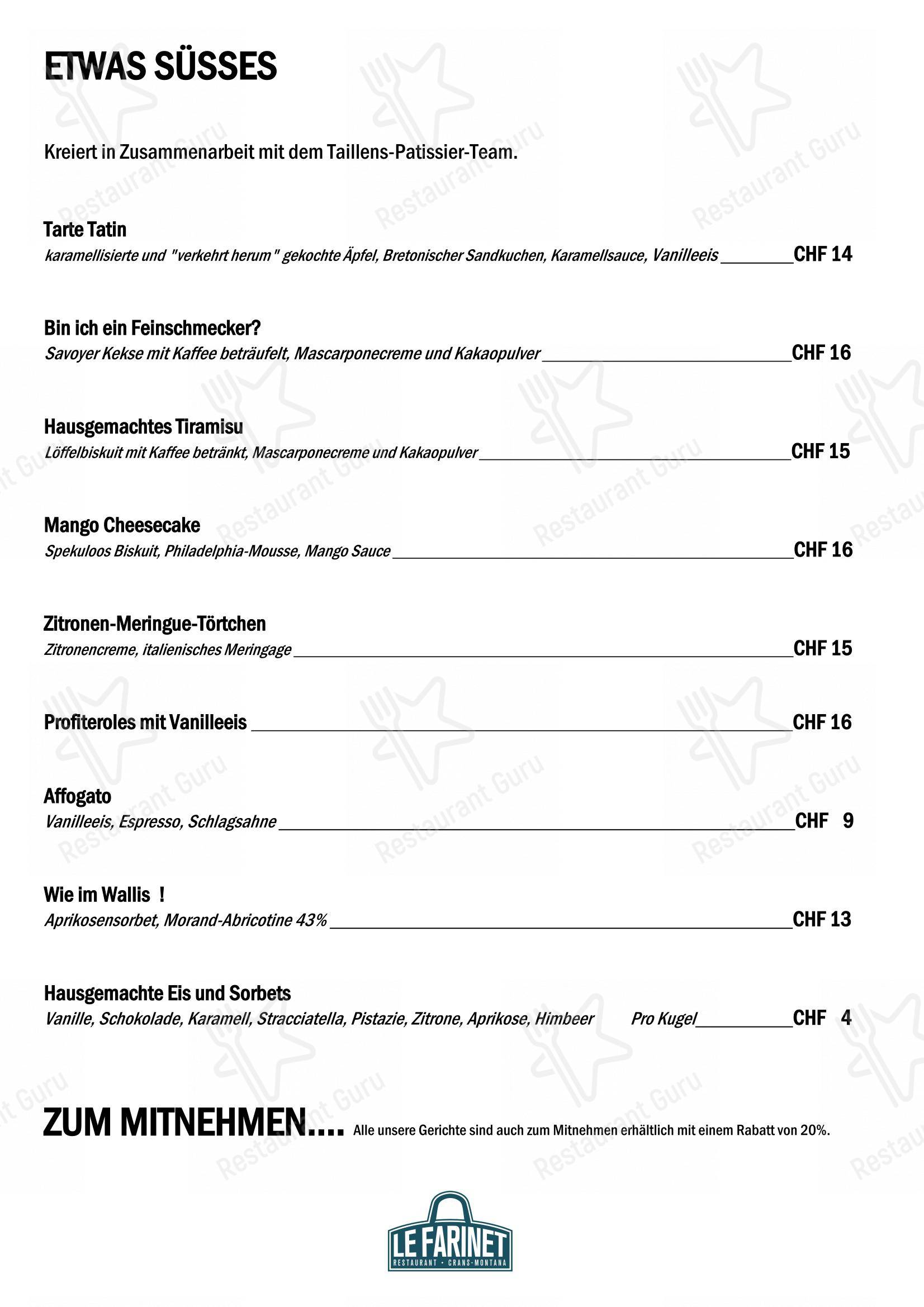 Menu di Restaurant Le Farinet - Коктейльная карта