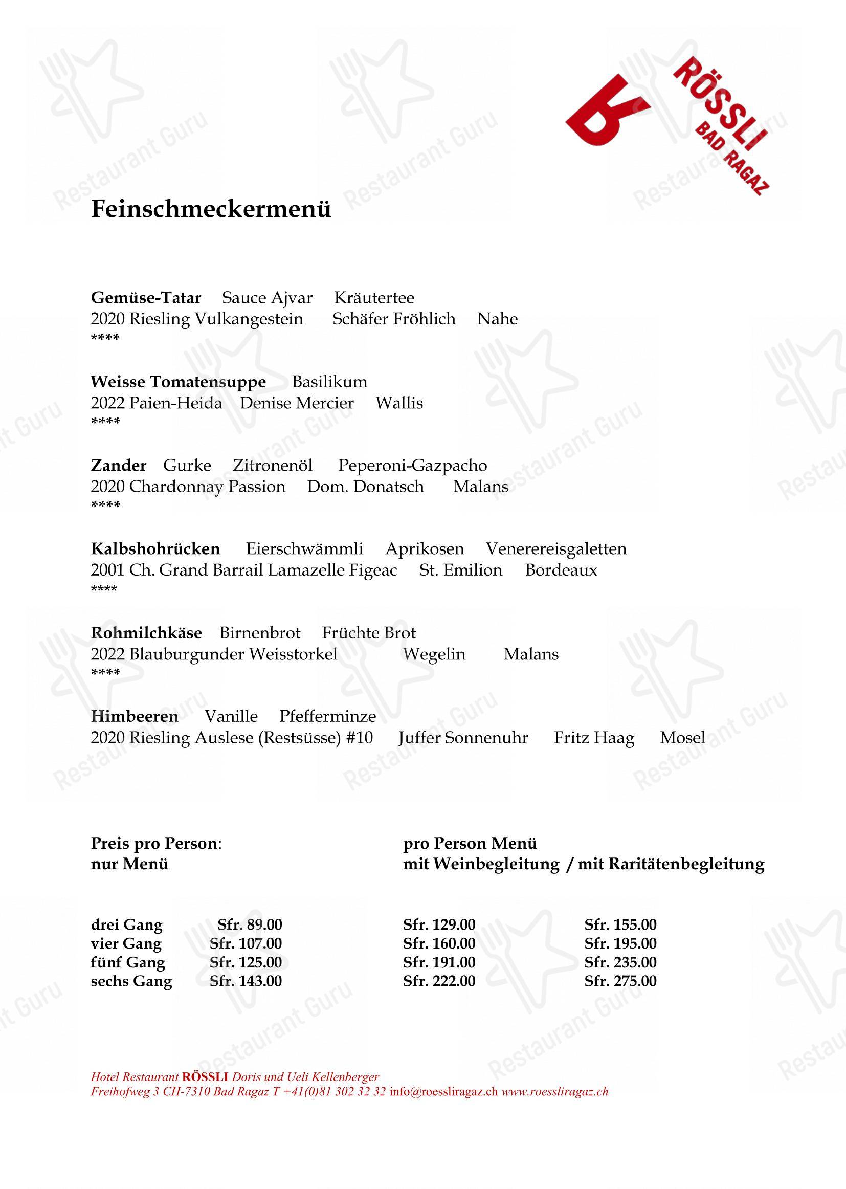 Menu di Restaurant Rössli - 菜单