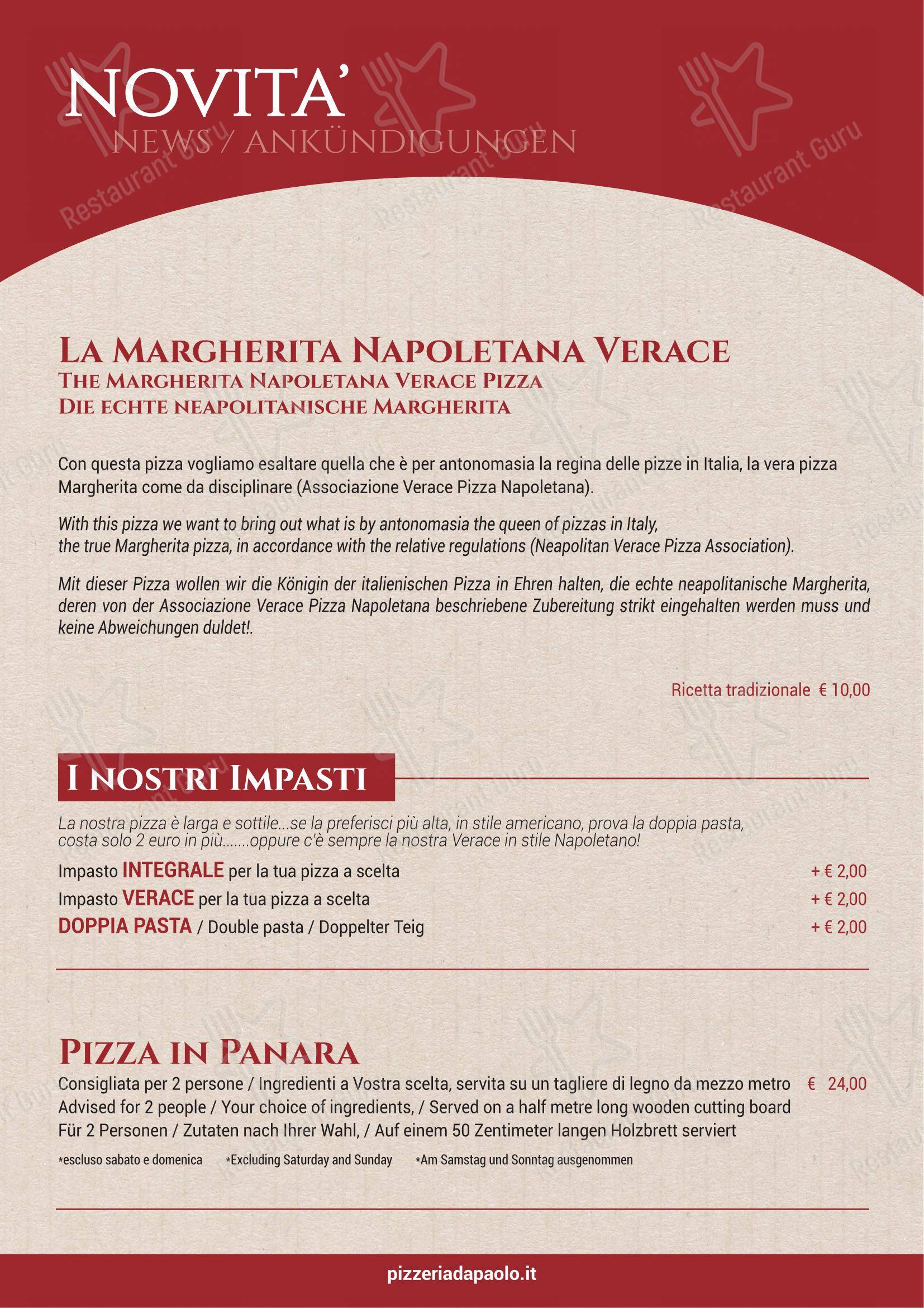Ristorante Pizzeria Paolo - Hotel Antichi Cortili in Dossobuono - Menu