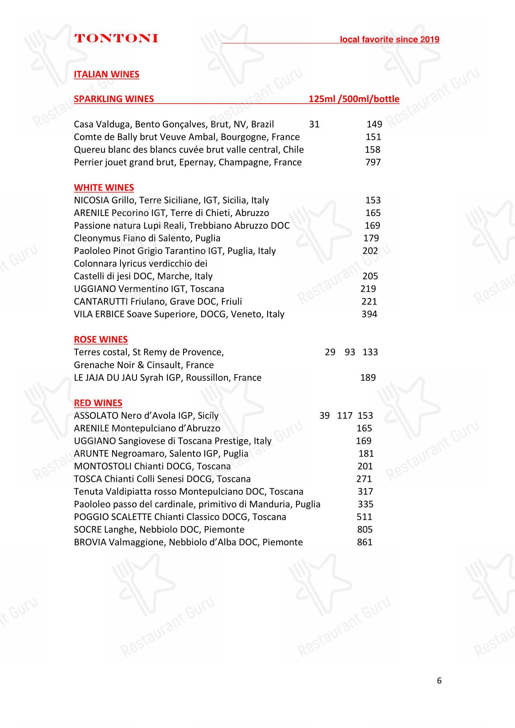 菜单 para TONTONI TRATTORIA restaurante
