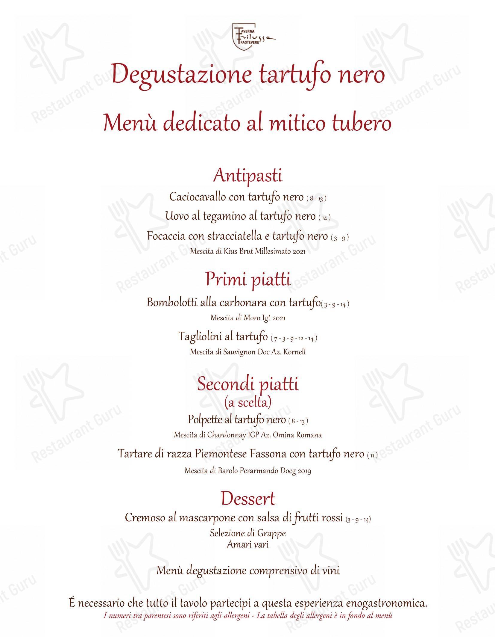 Menu bar pour Taverna Trilussa pub et bar