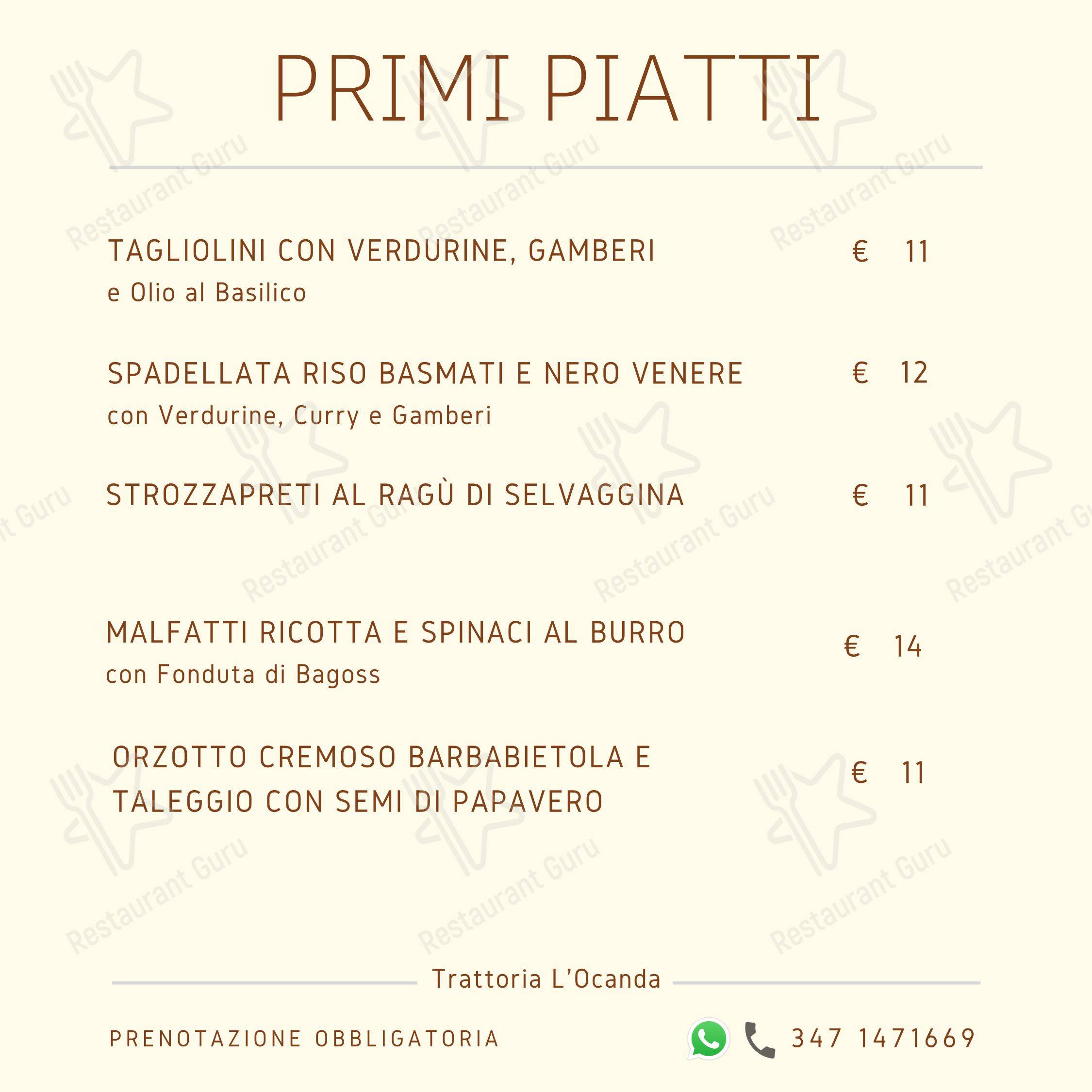 Menu bar per Trattoria L'Ocanda ristorante