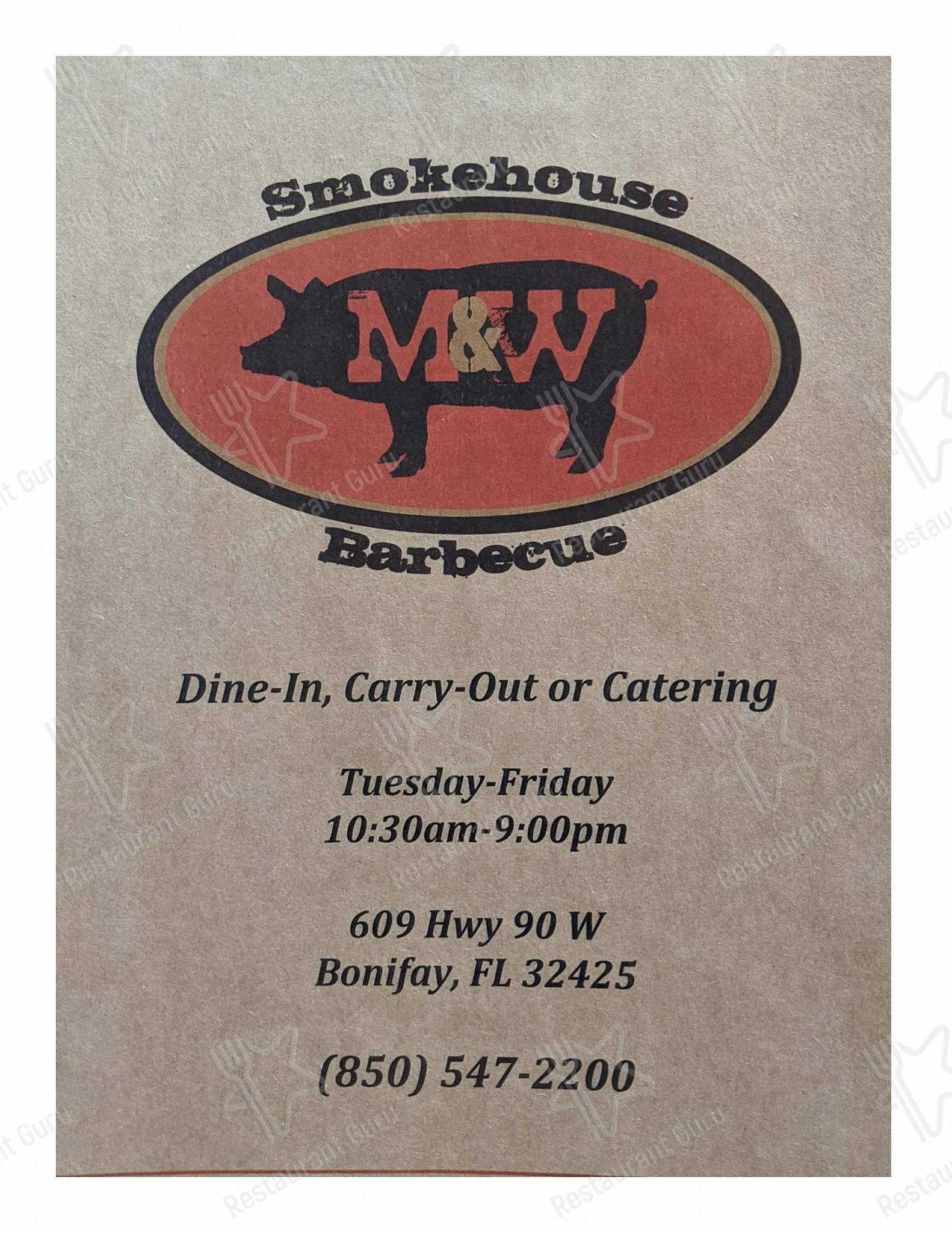 Menu at M & W Smokehouse Barbecue, Bonifay, West