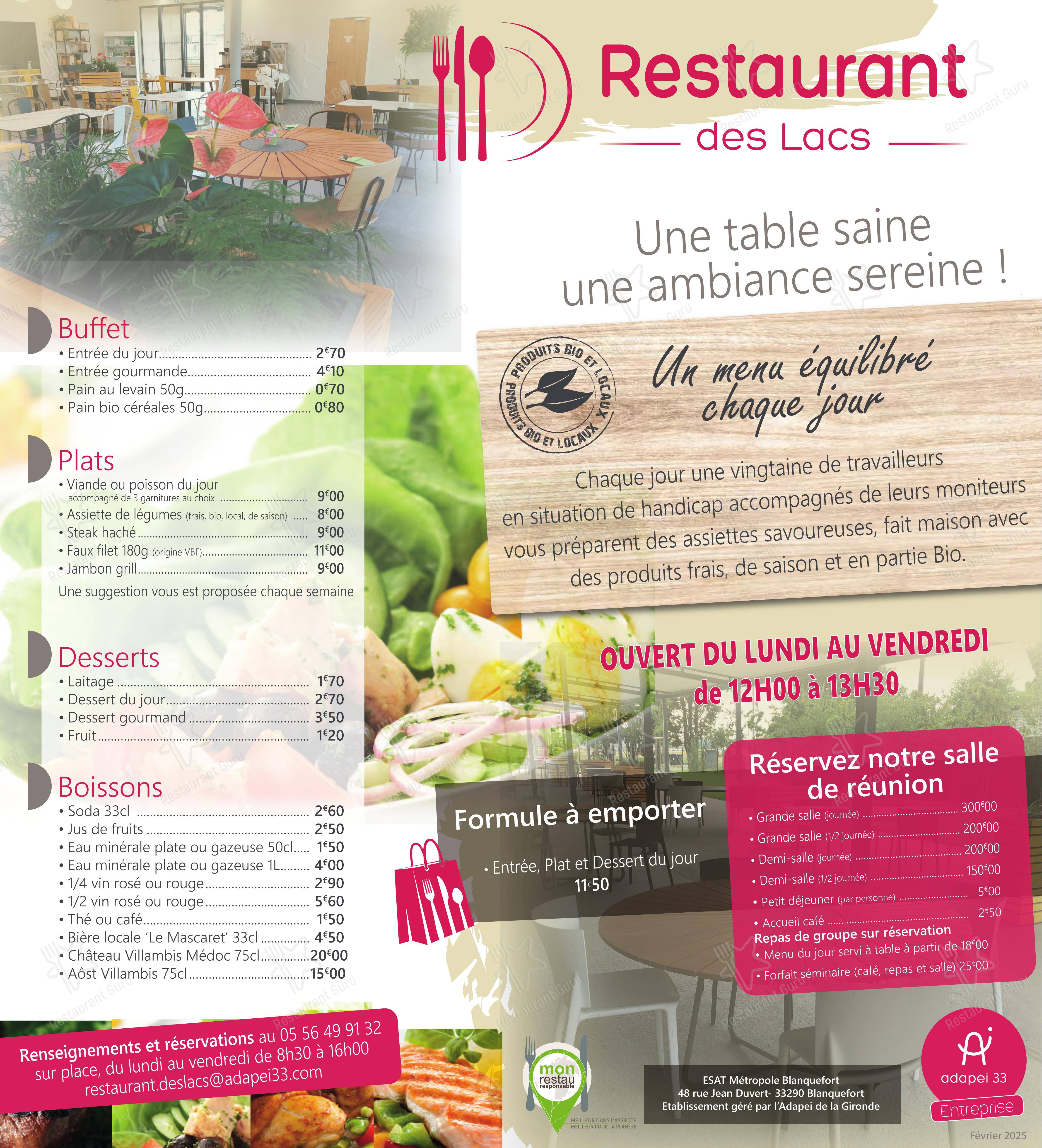 Adapei 33 Entreprise - Restaurant des Lacs dans Blanquefort - Основное меню
