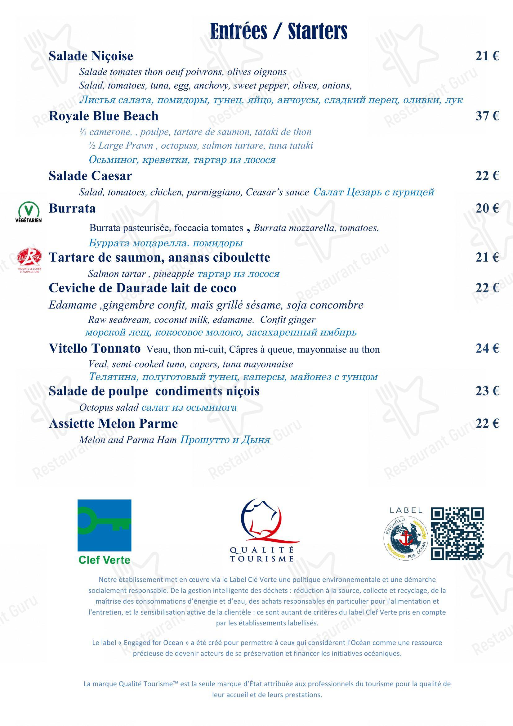 Menu pour Blue Beach restaurant