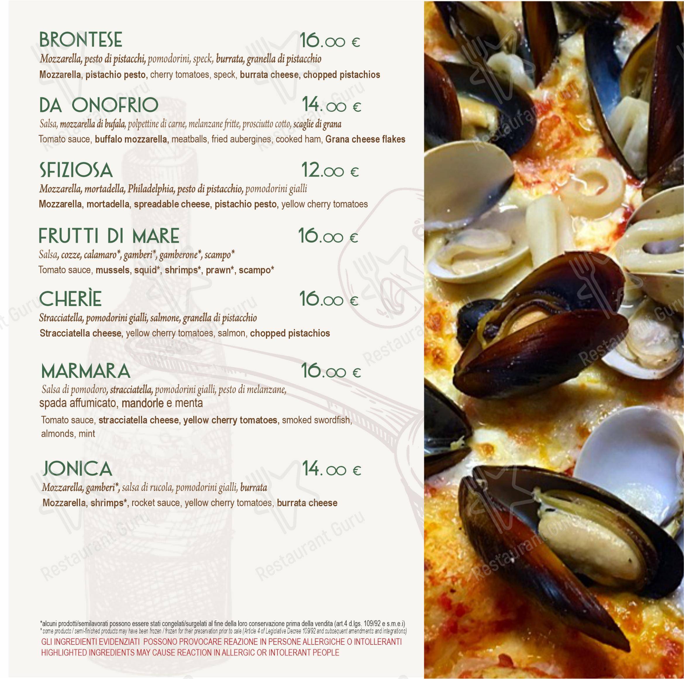 Menu bar per Da Onofrio Ristorante Pizzeria ristorante