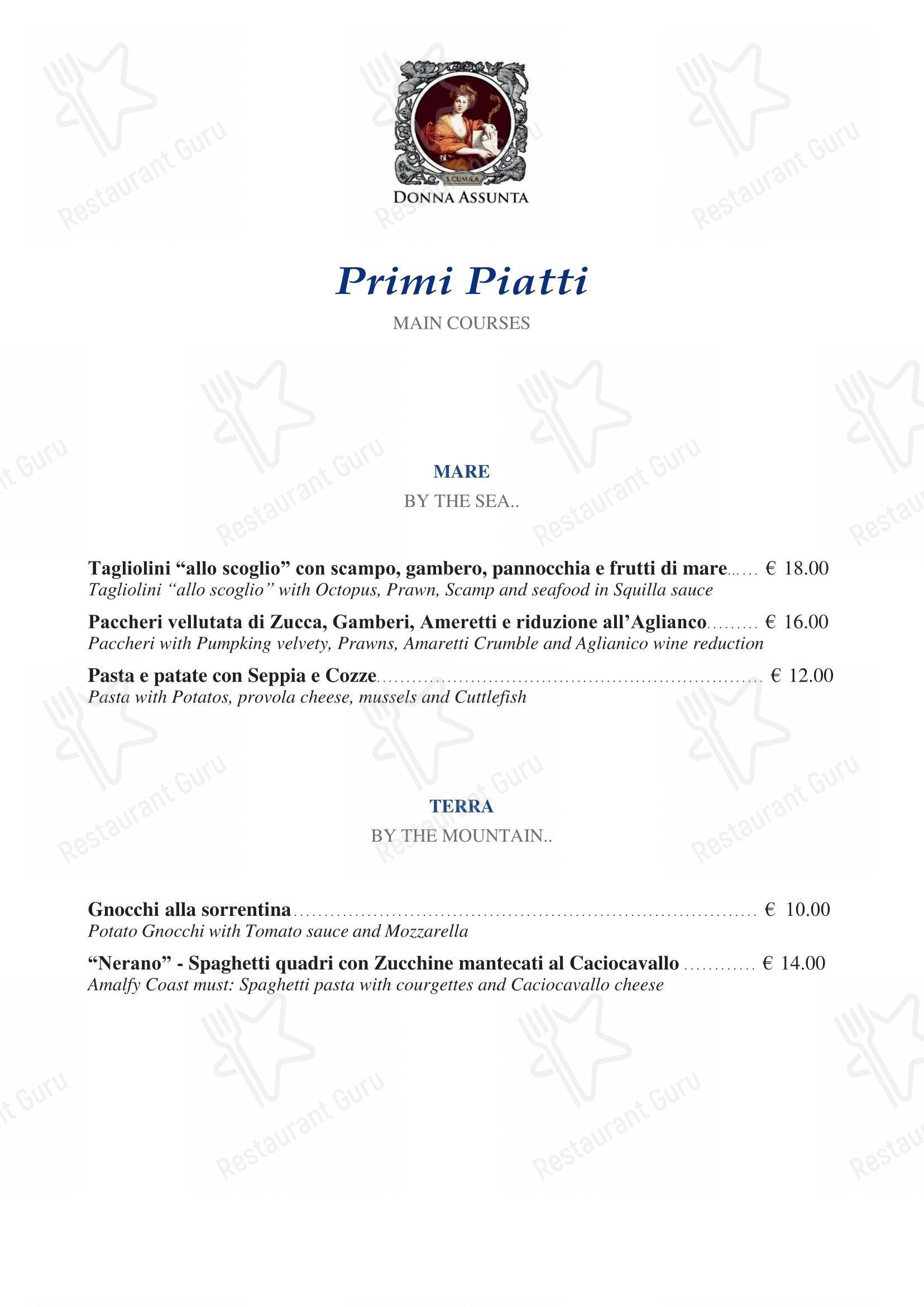 Menu per Donna Assunta 1954 ristorante