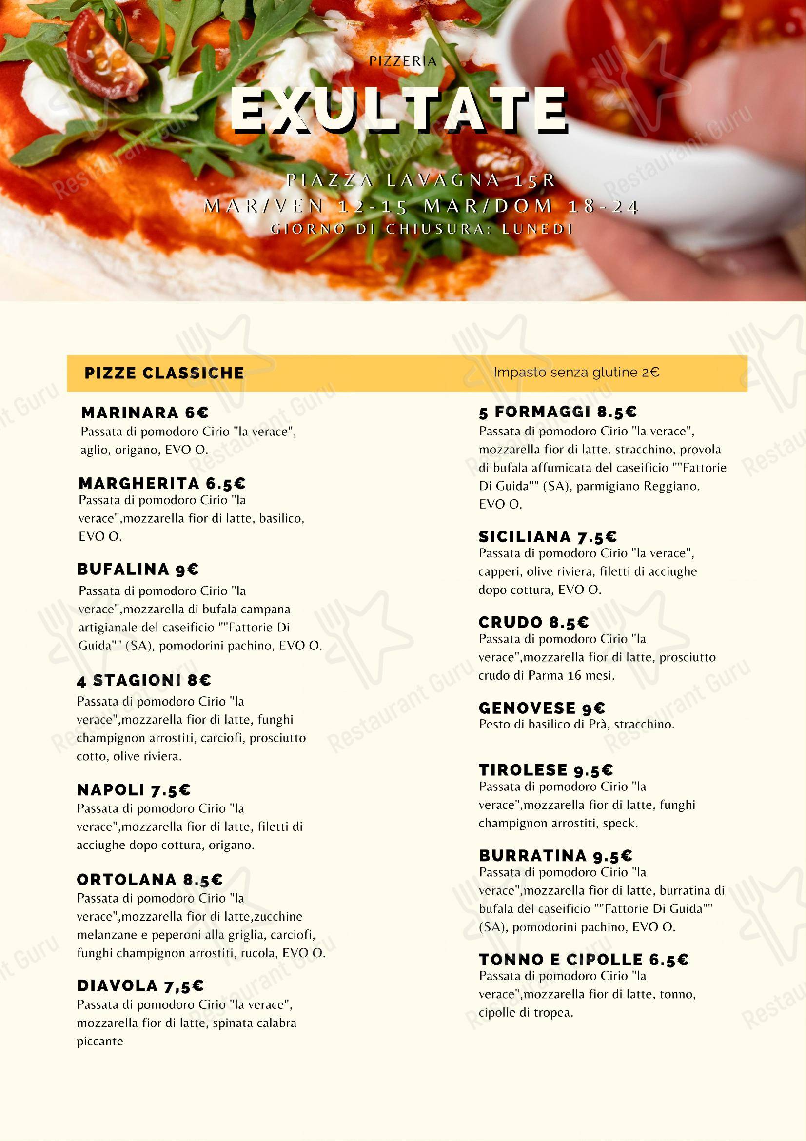 Menu per Exultate in Genova
