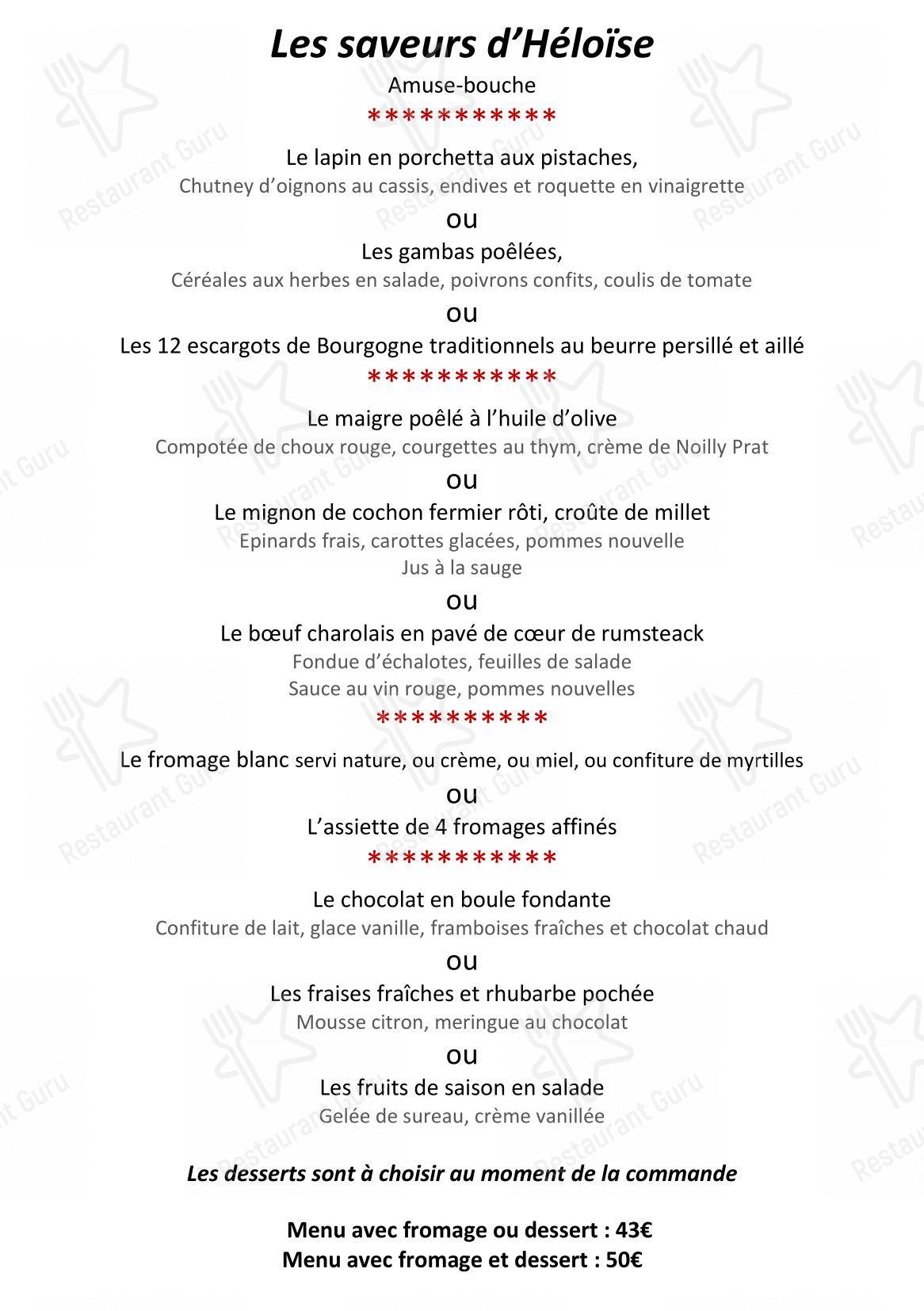 Основное меню pour La Table D’Héloïse dans Cluny