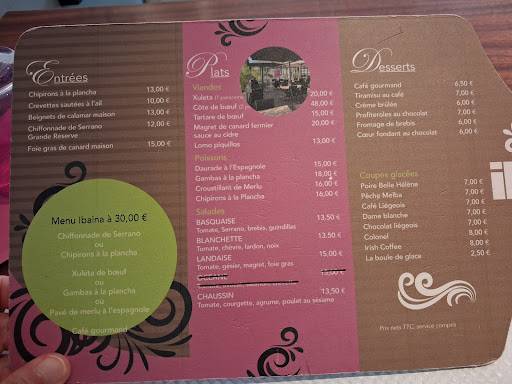 Menu de Ibaina Anglet
