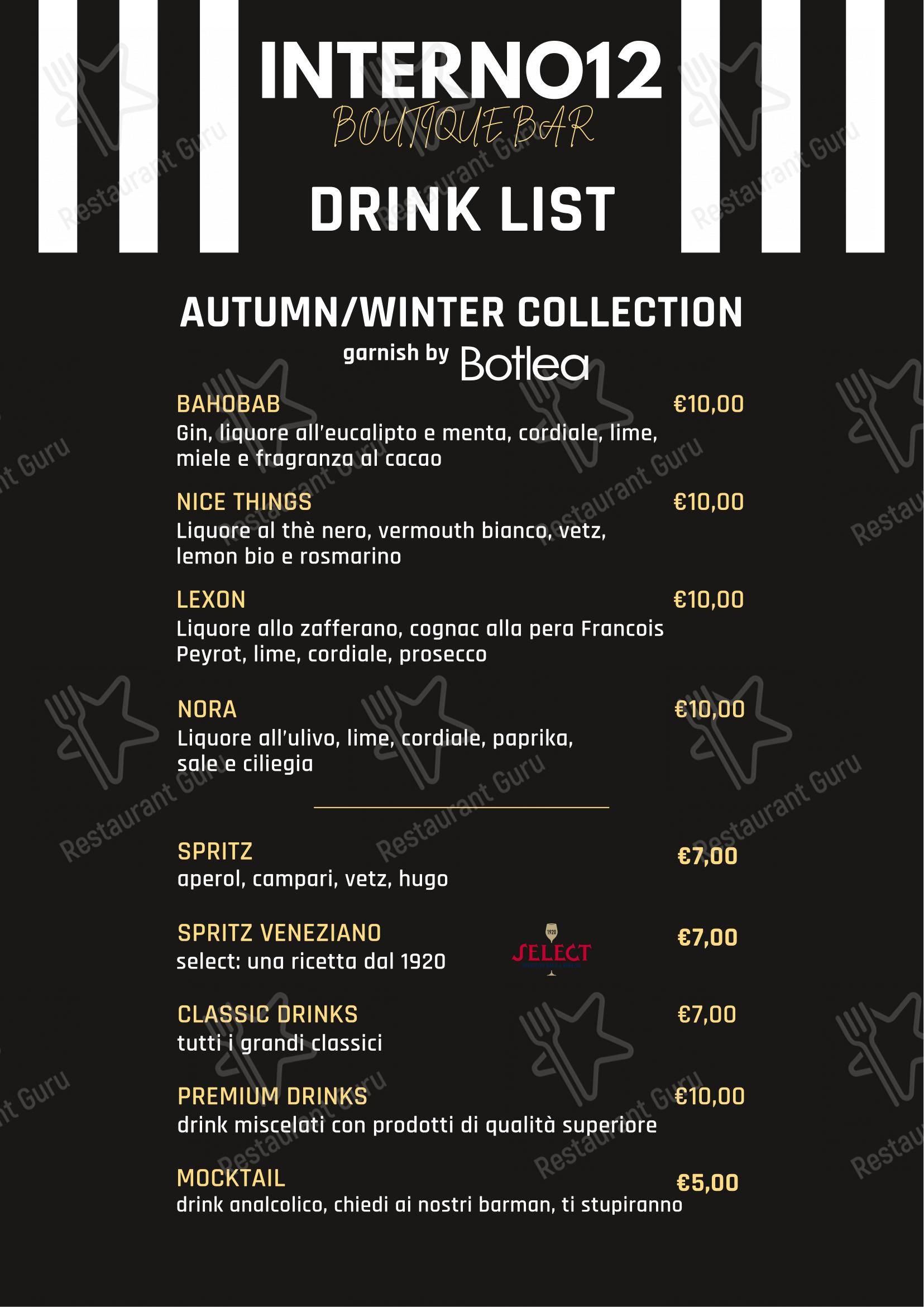 Menu per Interno12 in Bari