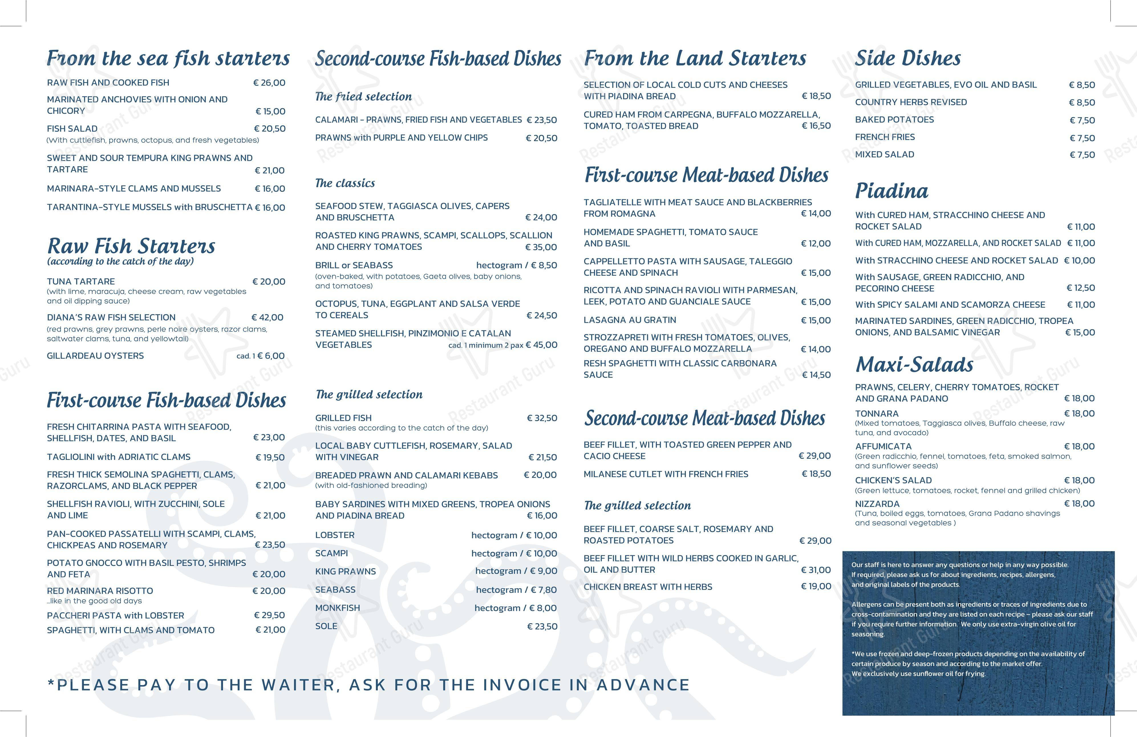 Menu bar per Ristorante Diana Riccione in Riccione