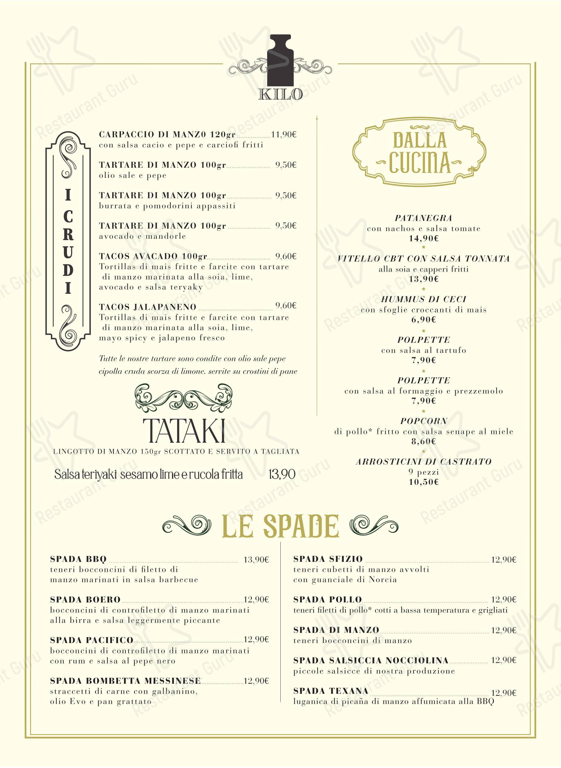 Menu bar pour Kilo Restaurant restaurant à viande