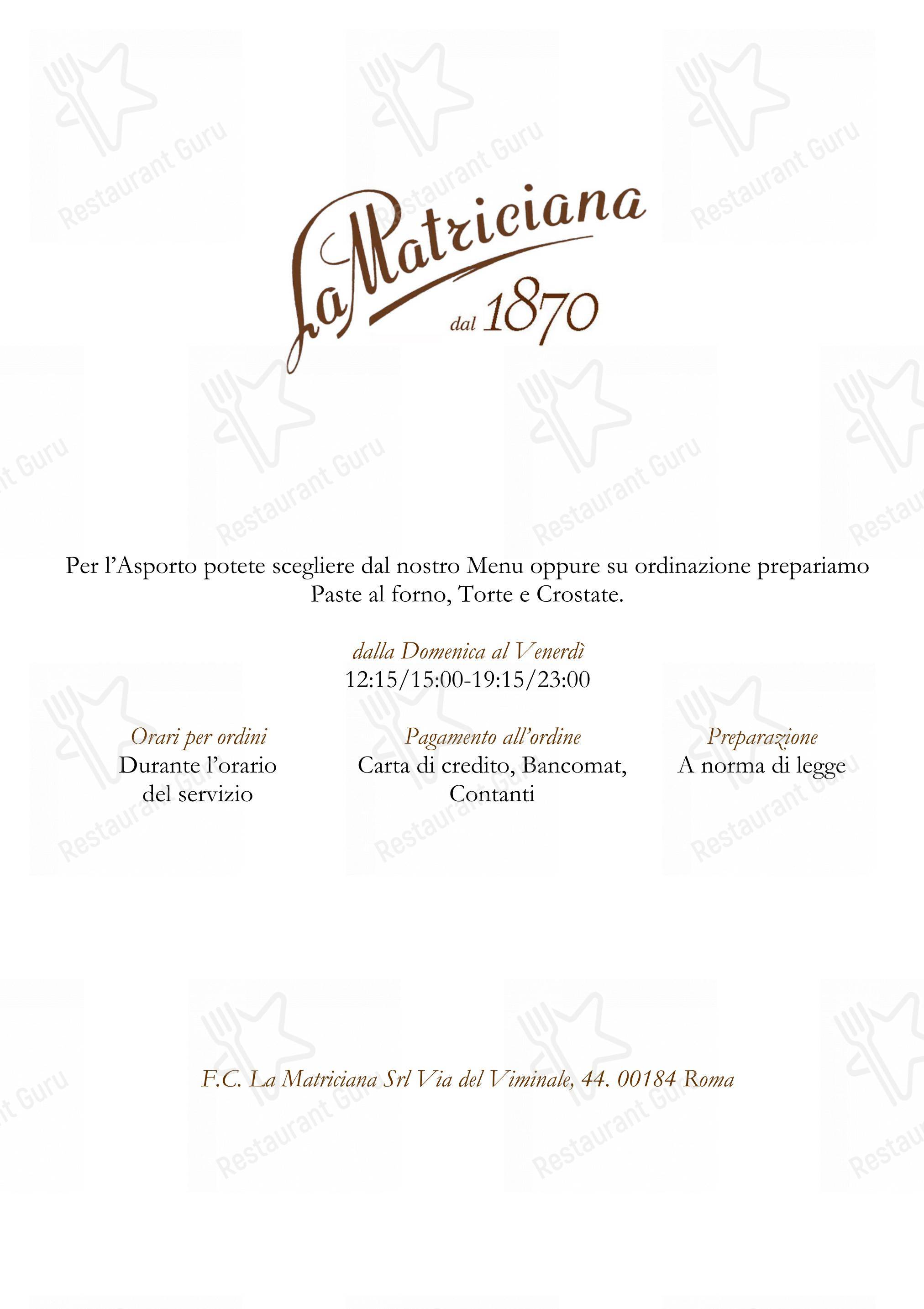 La Matriciana Dal 1870 in Roma - Menu