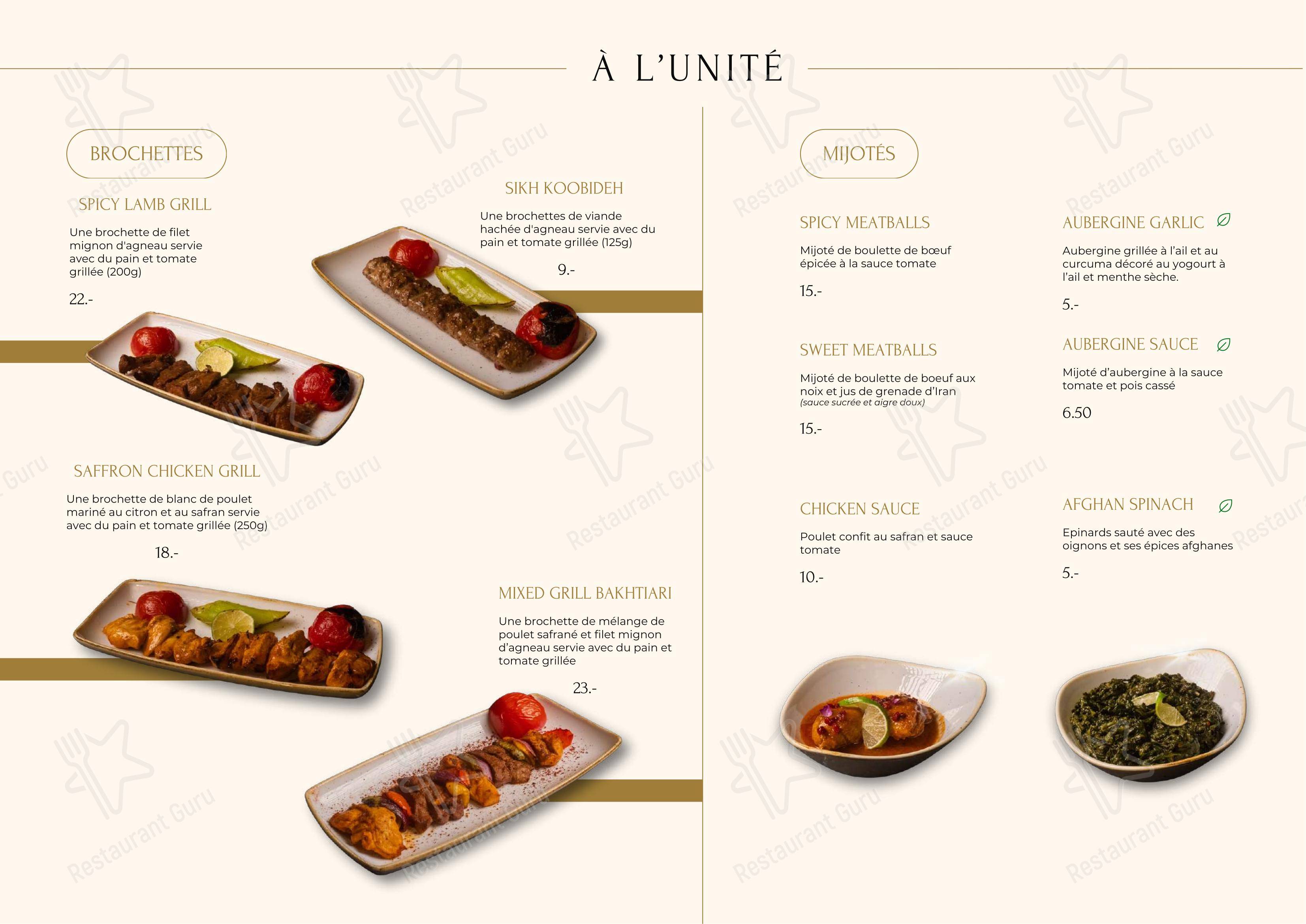 Menu di Lausangeles - Spécialité afghane & Iranienne - Menu