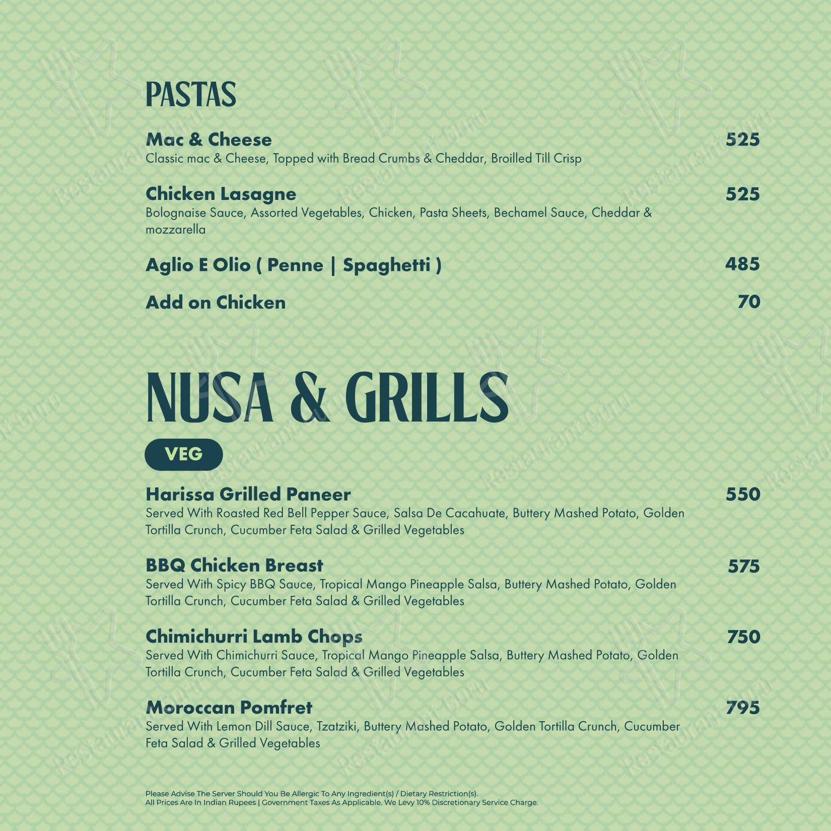 Menu bar for the Nusa - Tropical Brewvilla restaurant