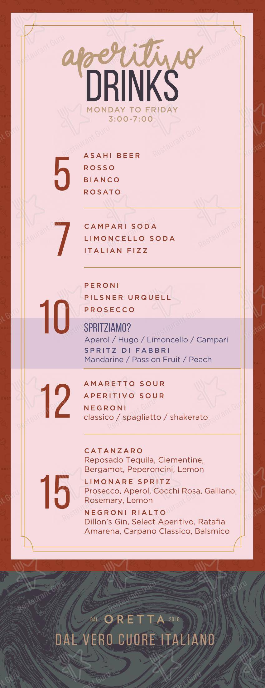 Menu bar pour Oretta King West dans Toronto