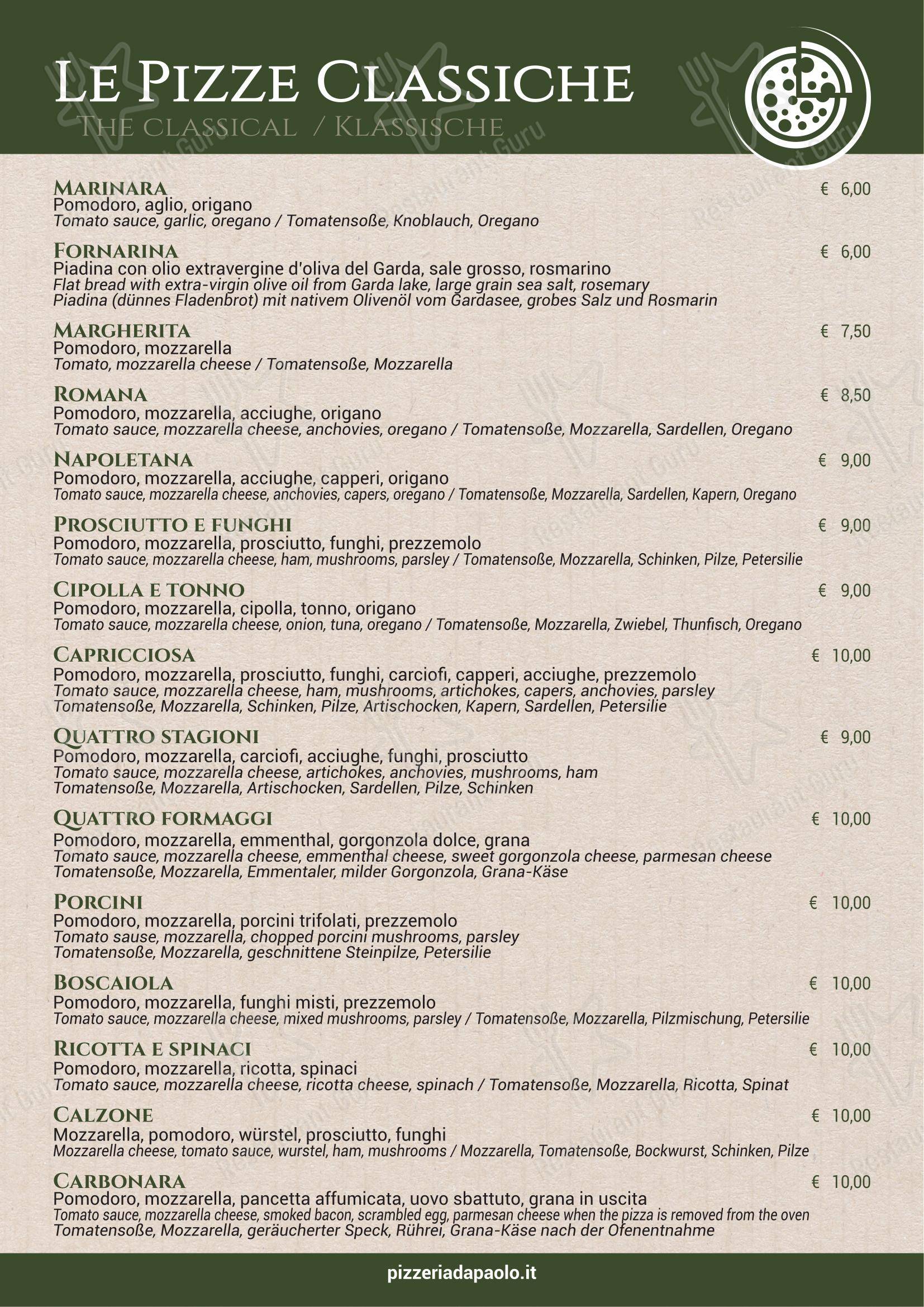 Menu per Ristorante Pizzeria Paolo - Hotel Antichi Cortili in Dossobuono