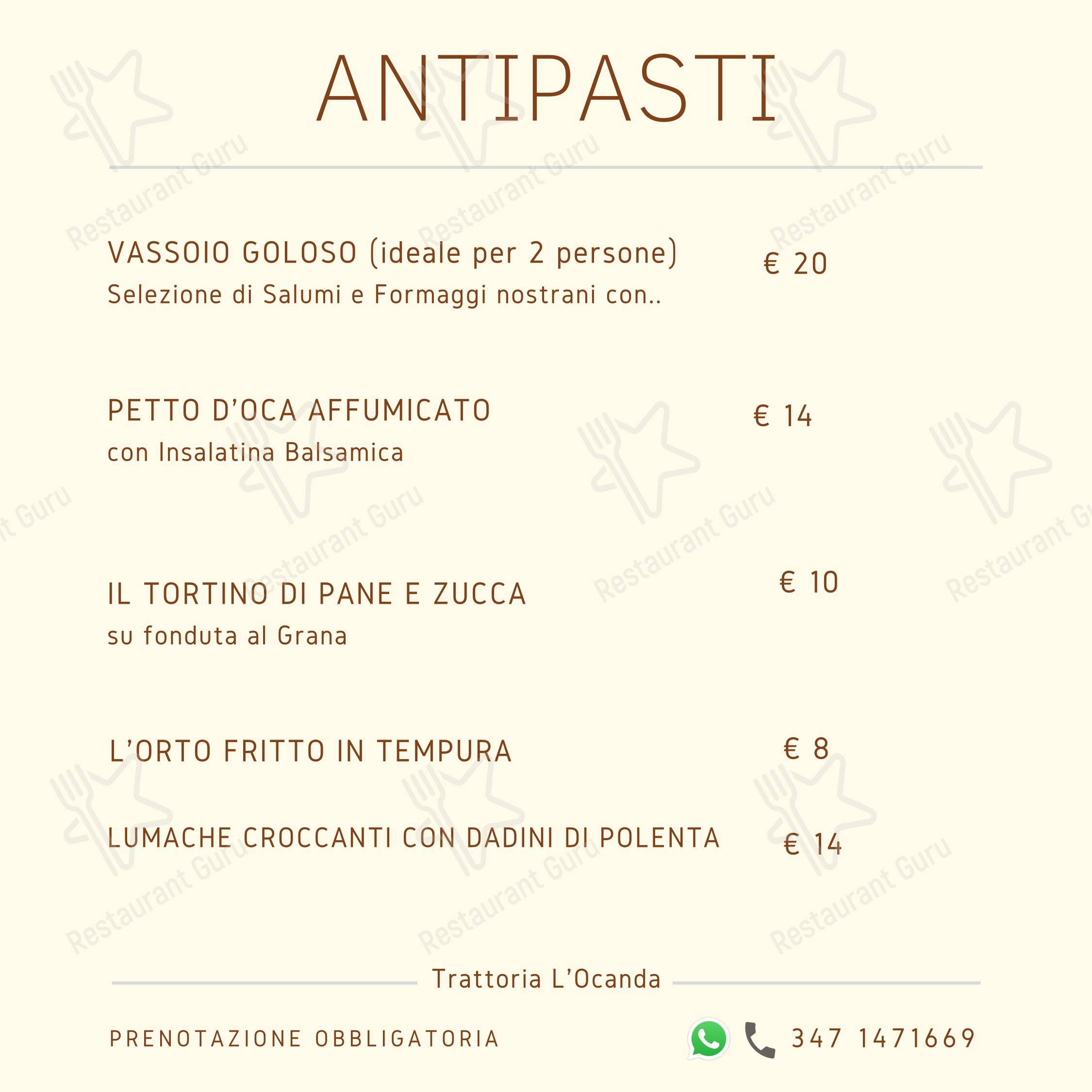 Menu bar per Trattoria L'Ocanda in Leno