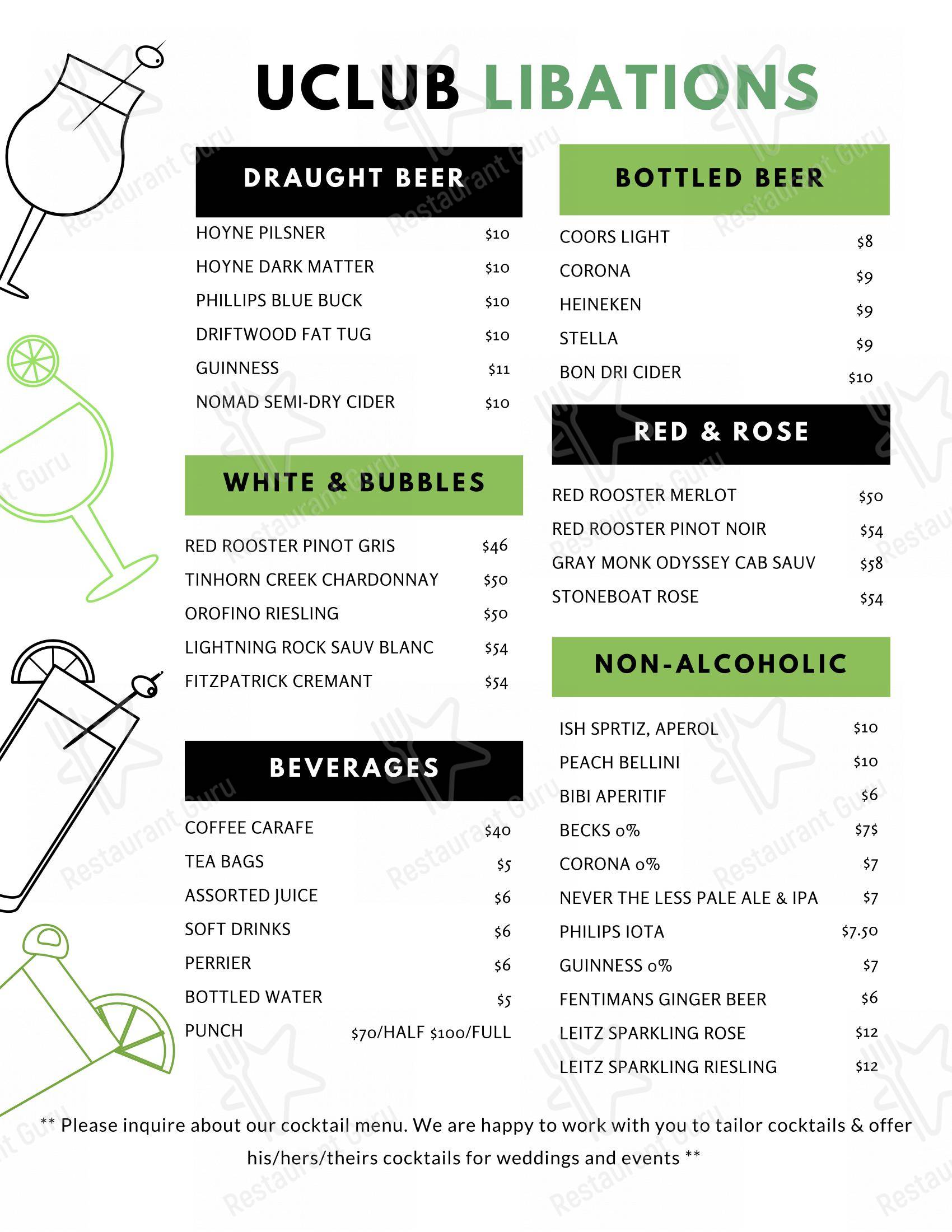 Menu pour University Club of Victoria - Основное меню