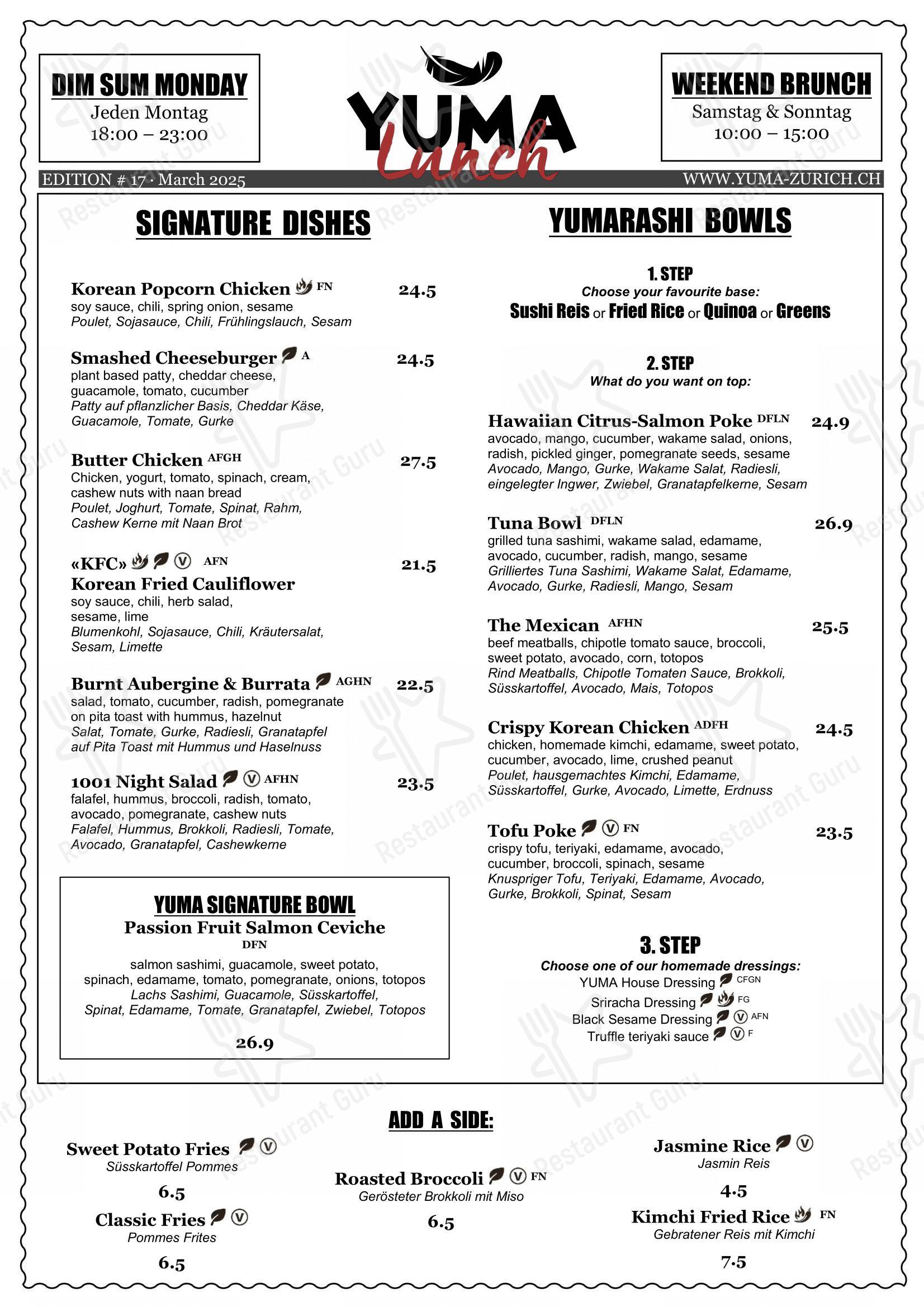 Yuma in Zurigo - Menu