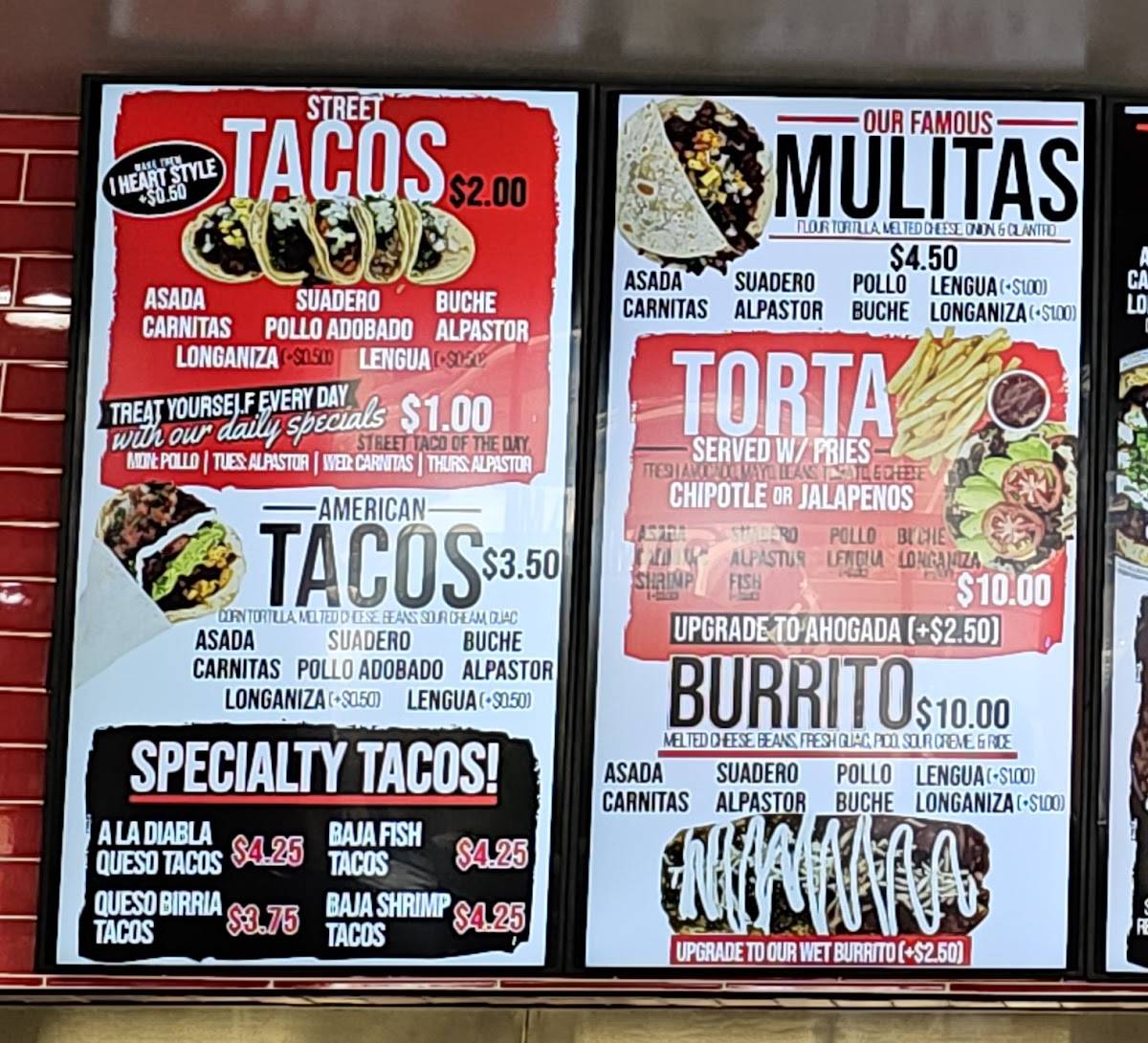 Menu at I Heart Tacos restaurant, Bullhead City