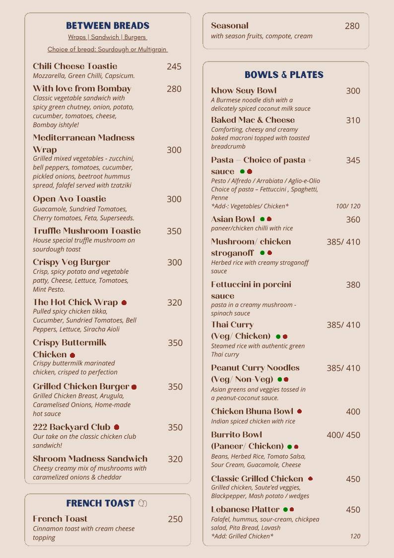 222 Backyard menu