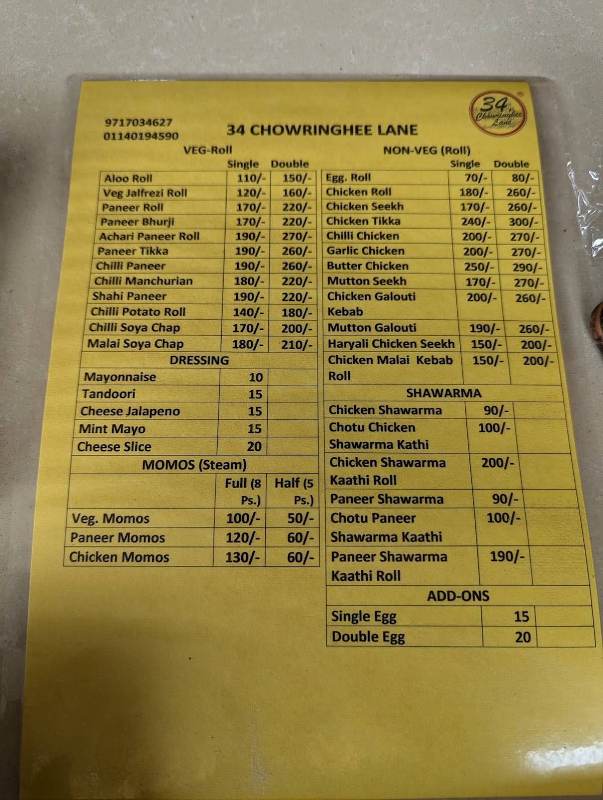 34 Chowringhee Lane menu