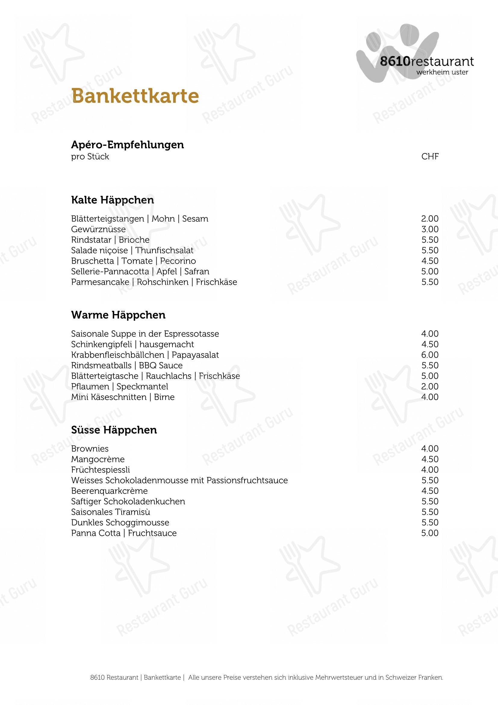 8610 Restaurant in Uster - Menu bar