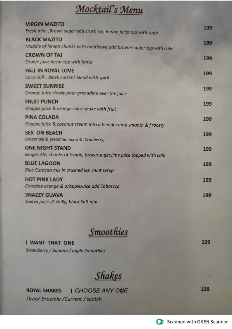 THE ROYAL DINING RESTAURANT menu