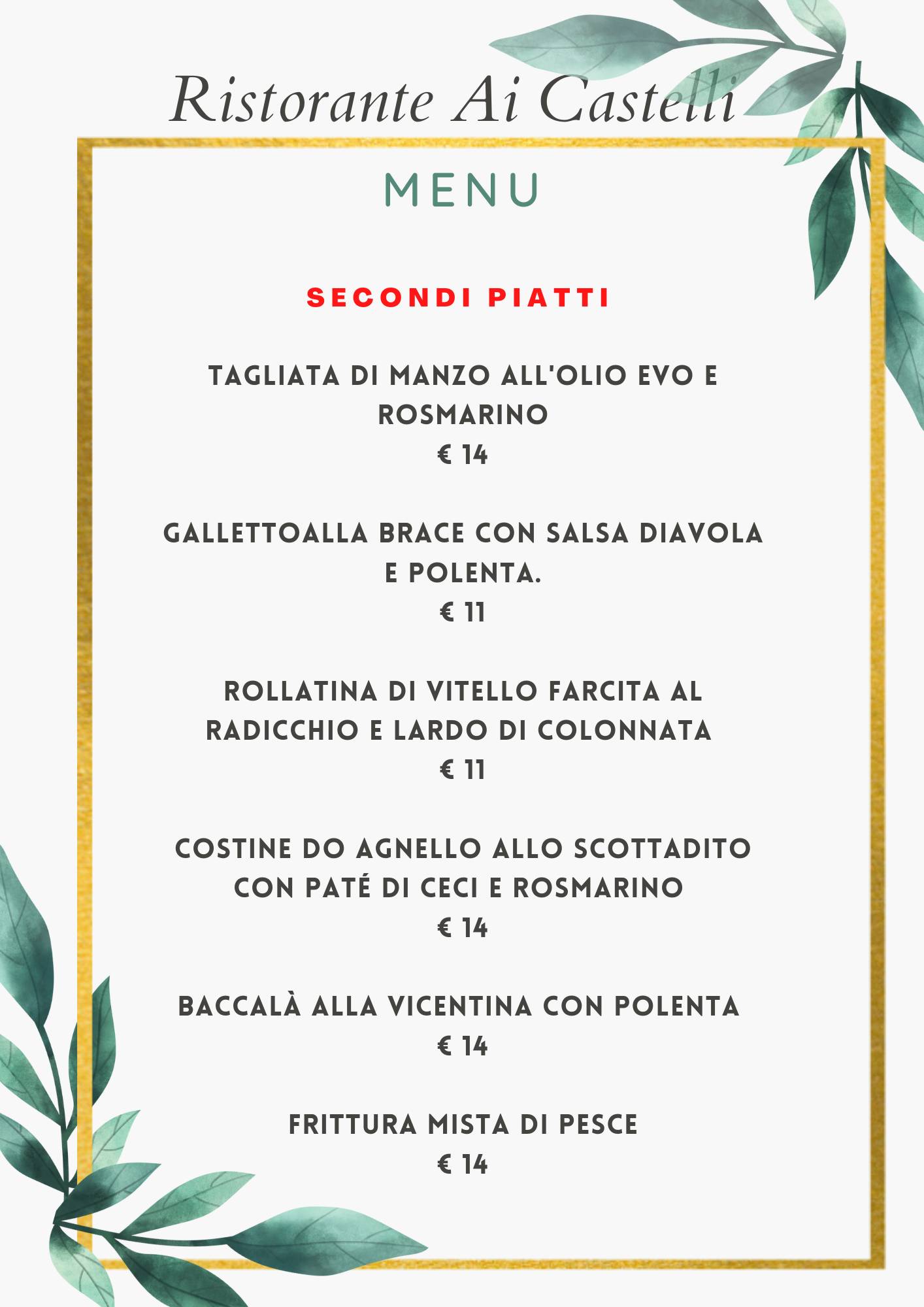Menu di Ai Castelli - Matrimoni sui Colli Euganei 