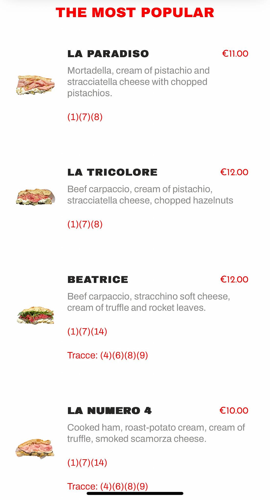 Menu di All'Antico Vinaio 