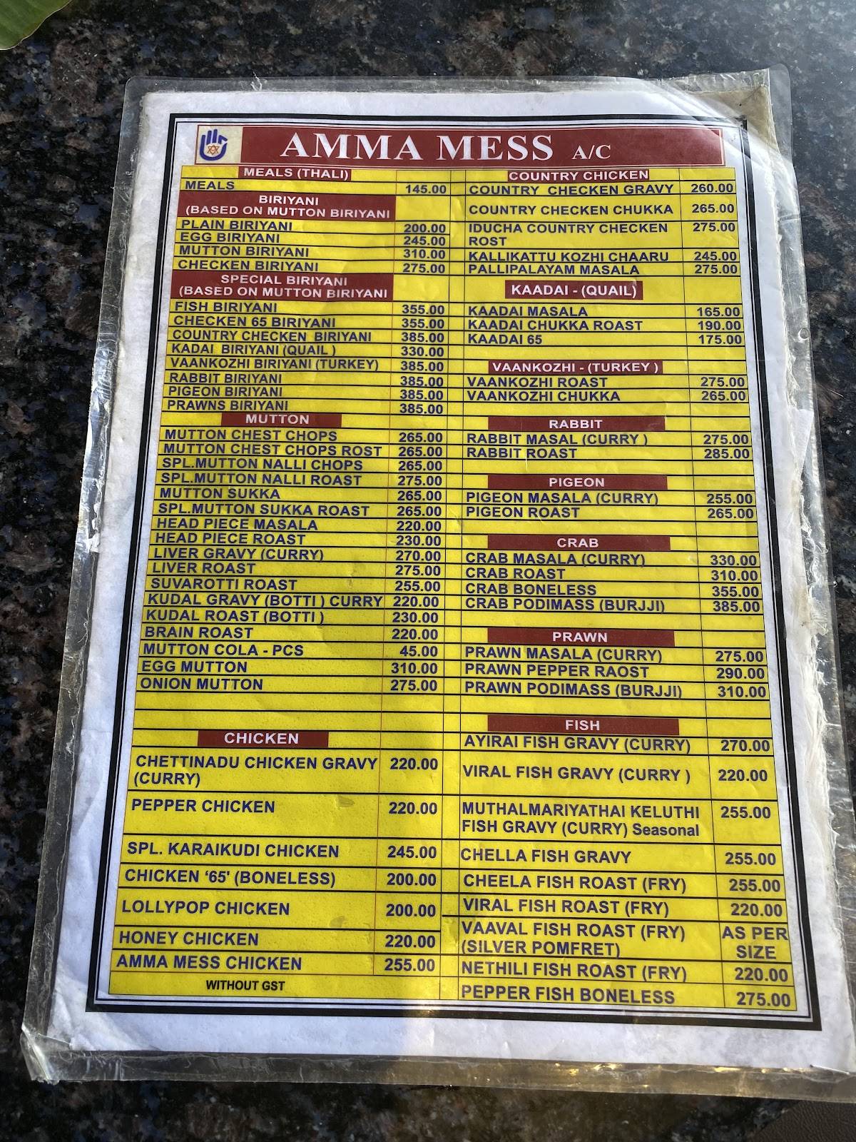 Amma Mess menu