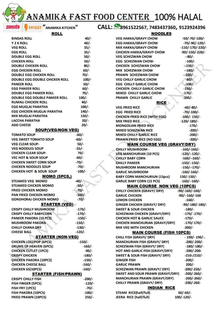 Anamika Fast Food Centre menu