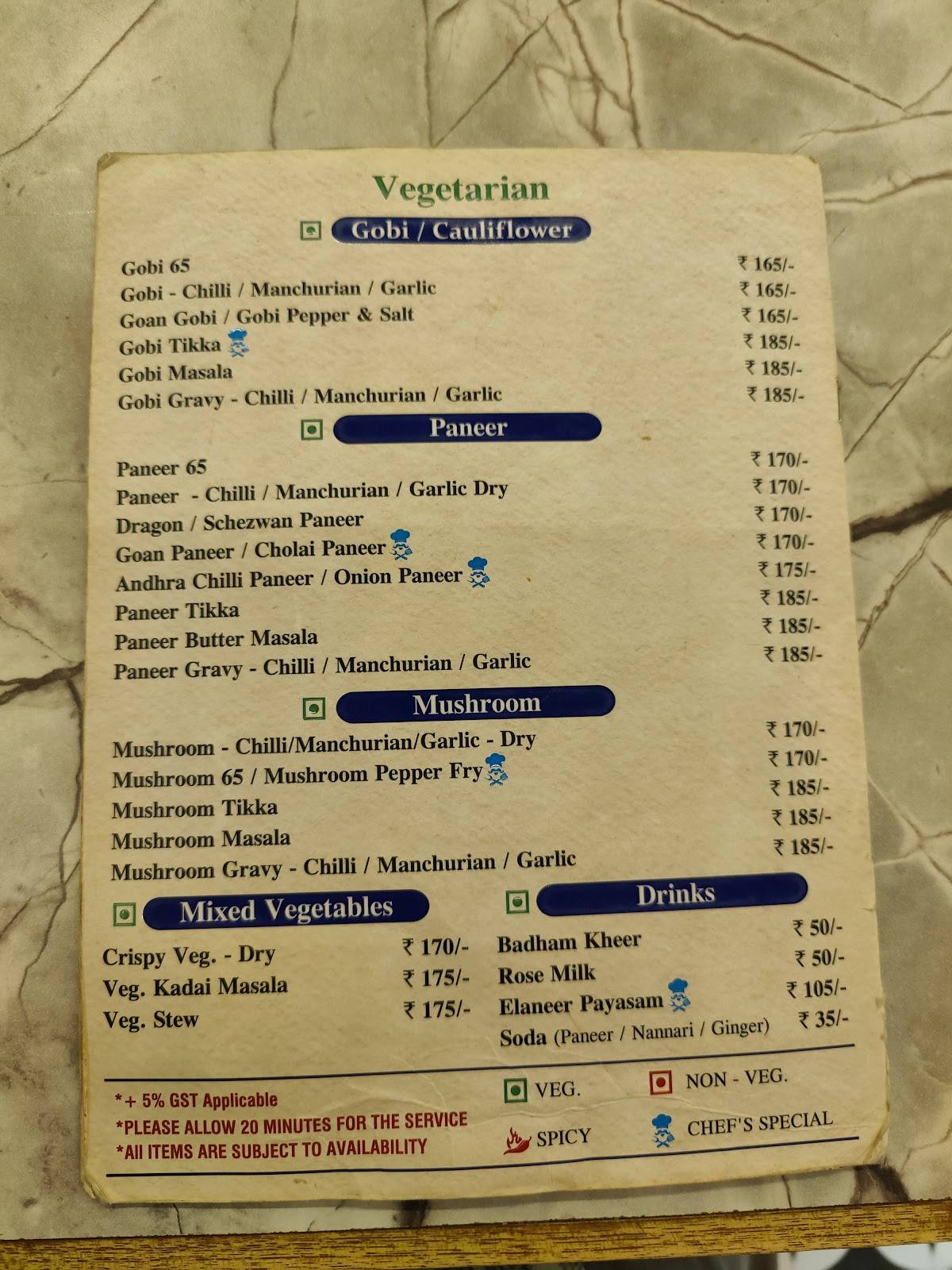 Ananda Vilas menu