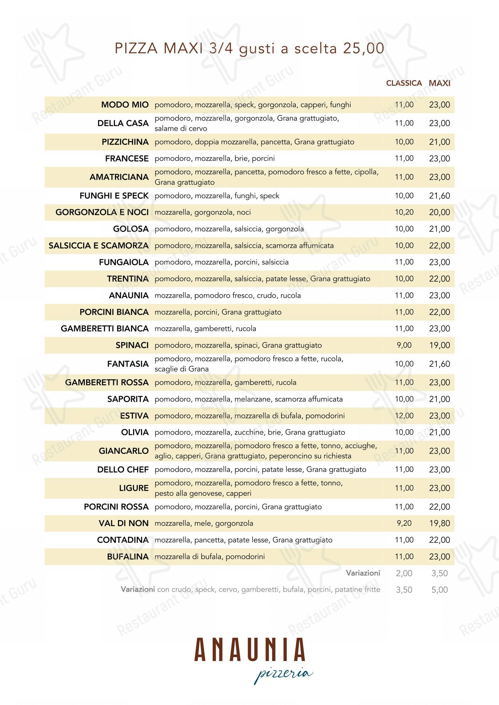 Menu per Anaunia pizzeria e pane ristorante