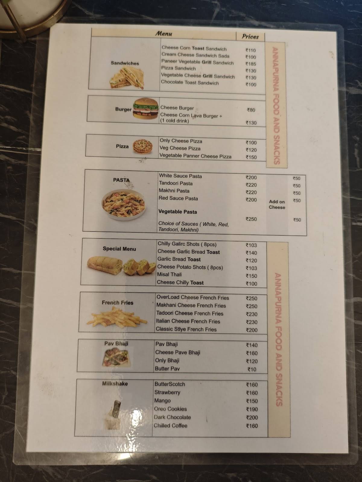 Annapurna Food and Snacks menu