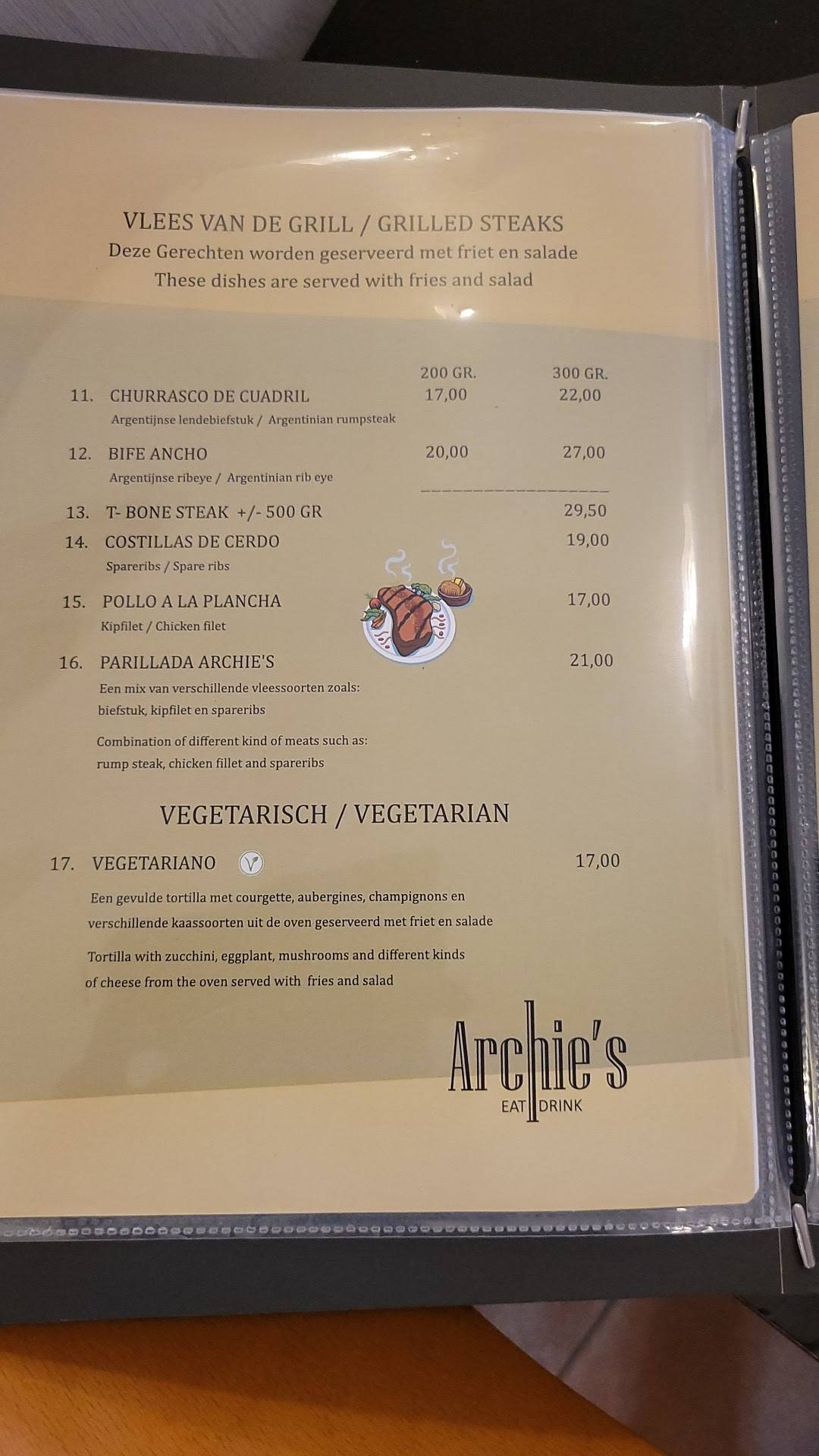 Menu at Archie's, Amsterdam