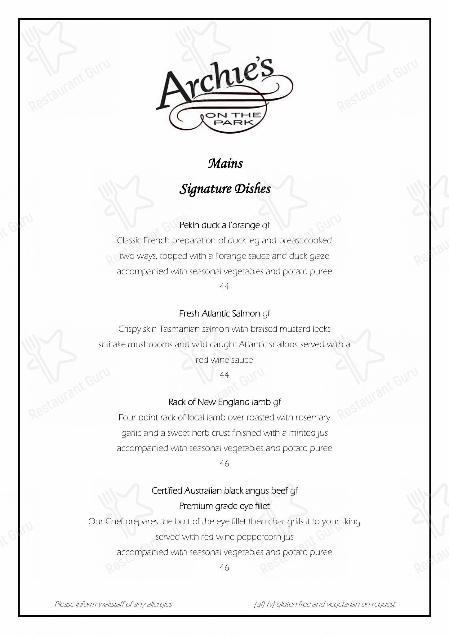 Menu at Archie’s on the Park restaurant, Armidale, 63 Moore Park Ln