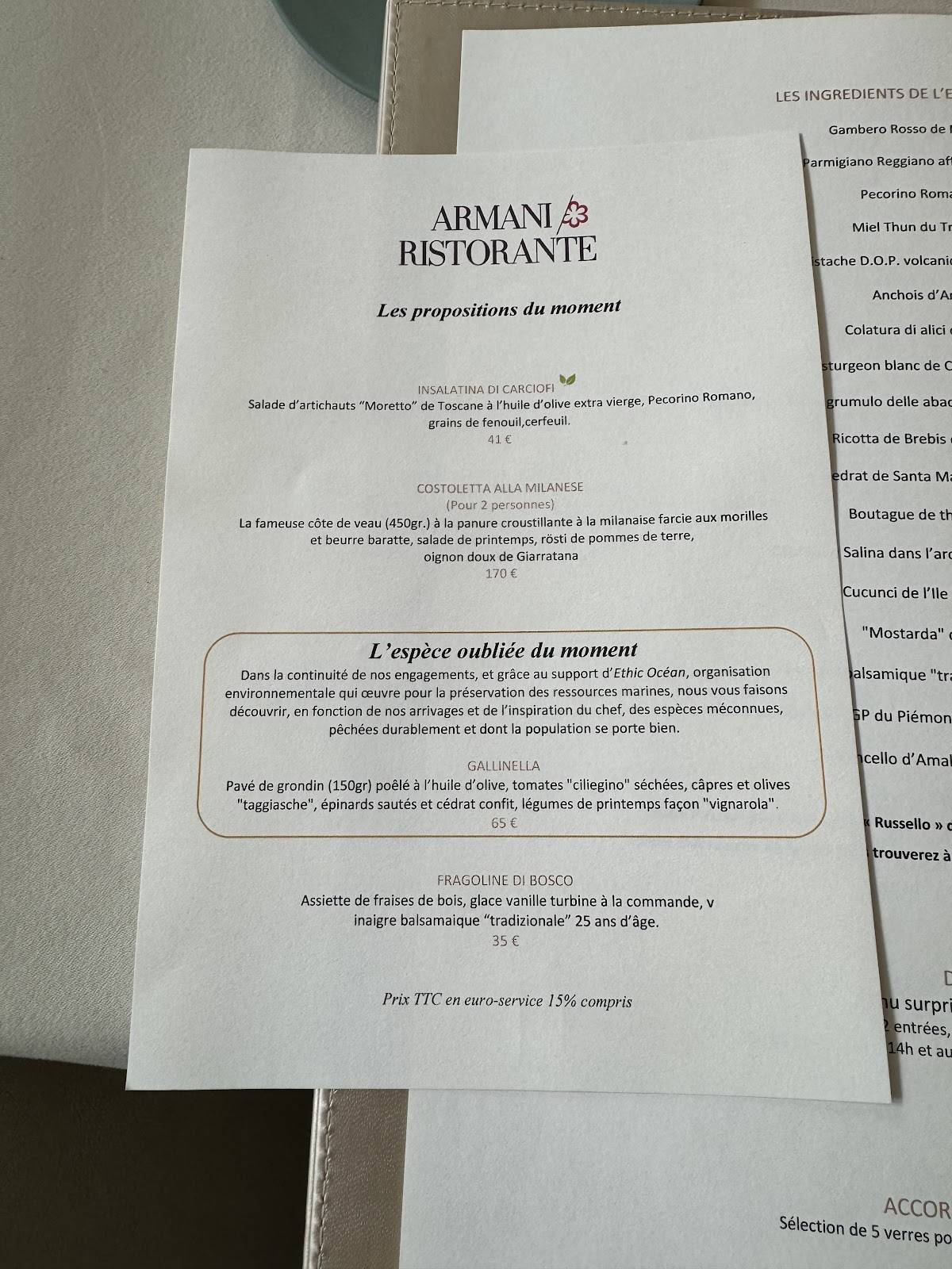 Menu de ARMANI/RISTORANTE PARIS