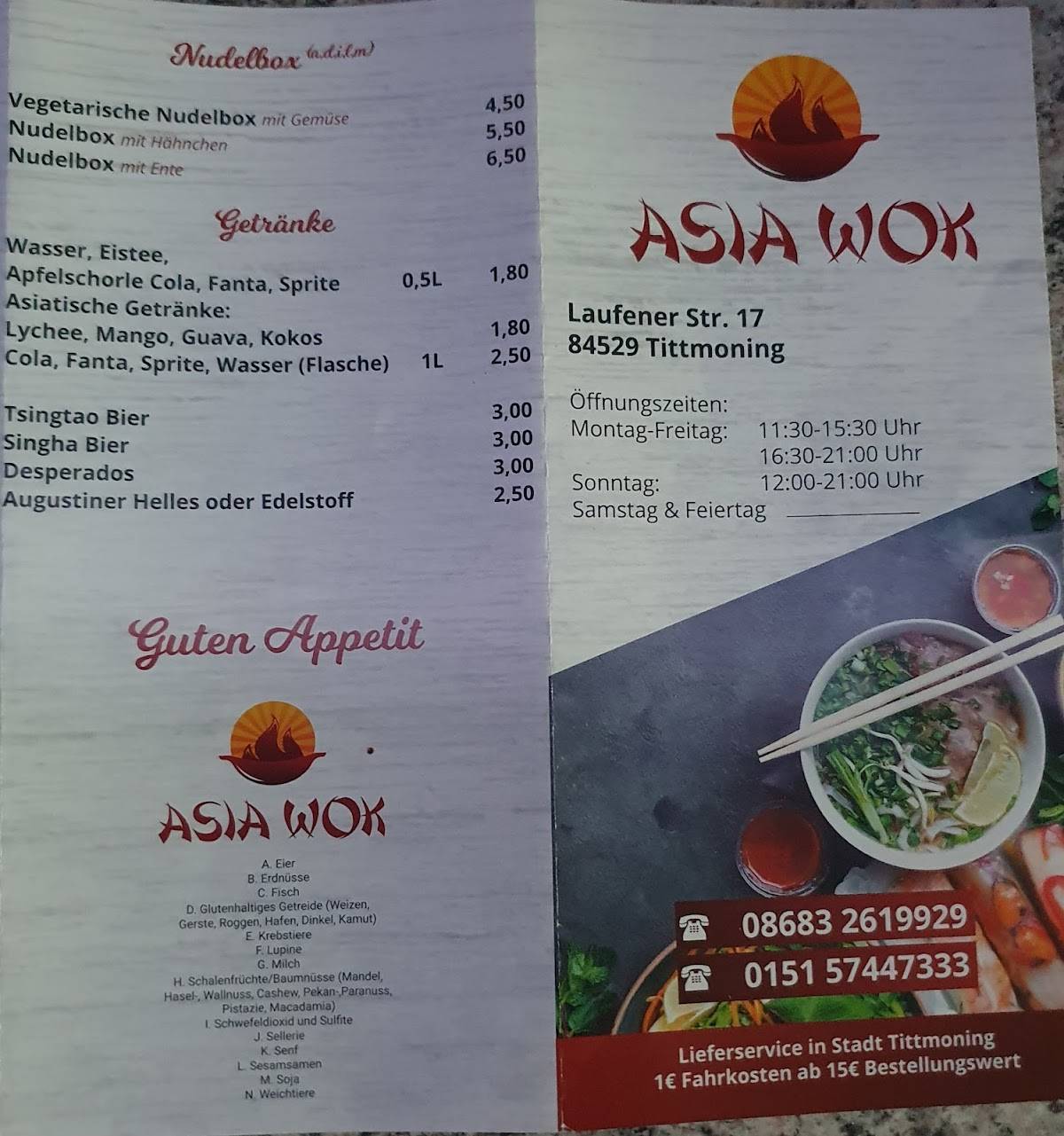 Speisekarte von Asia Wok Tittmoning restaurant, Tittmoning