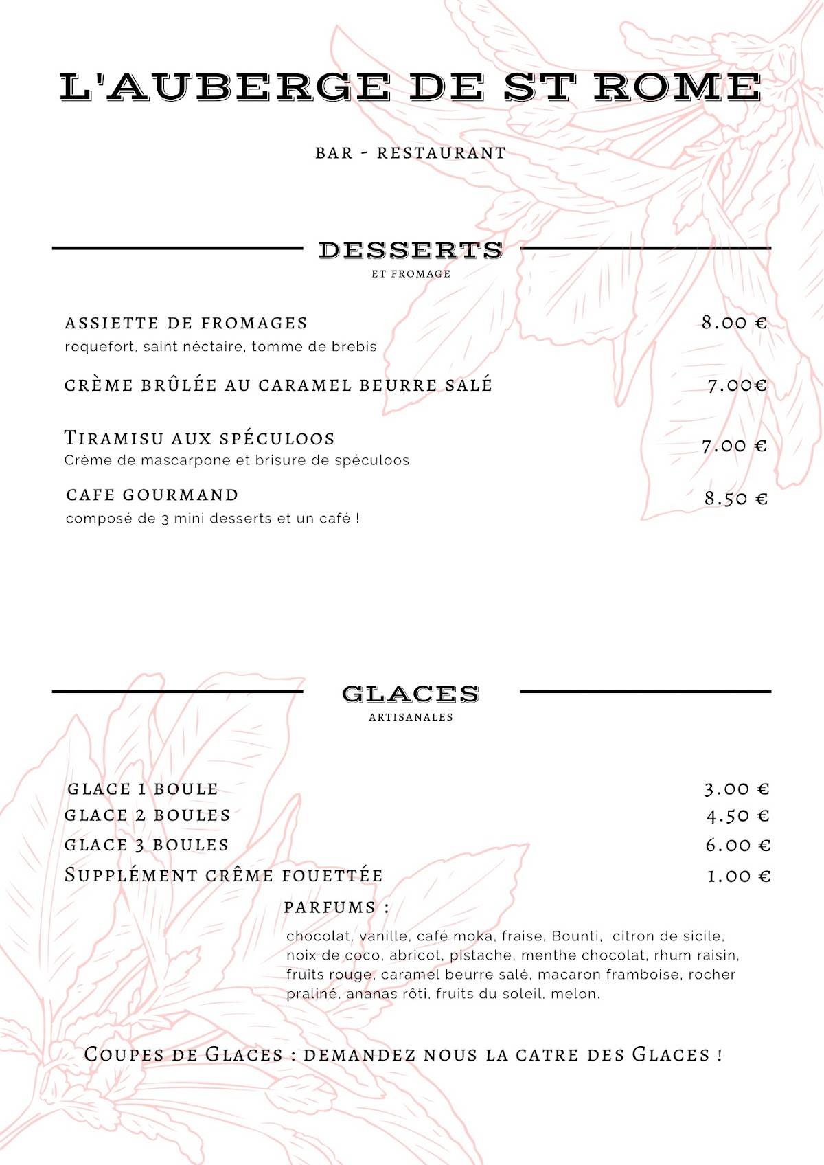 Menu de Auberge de Saint Rome